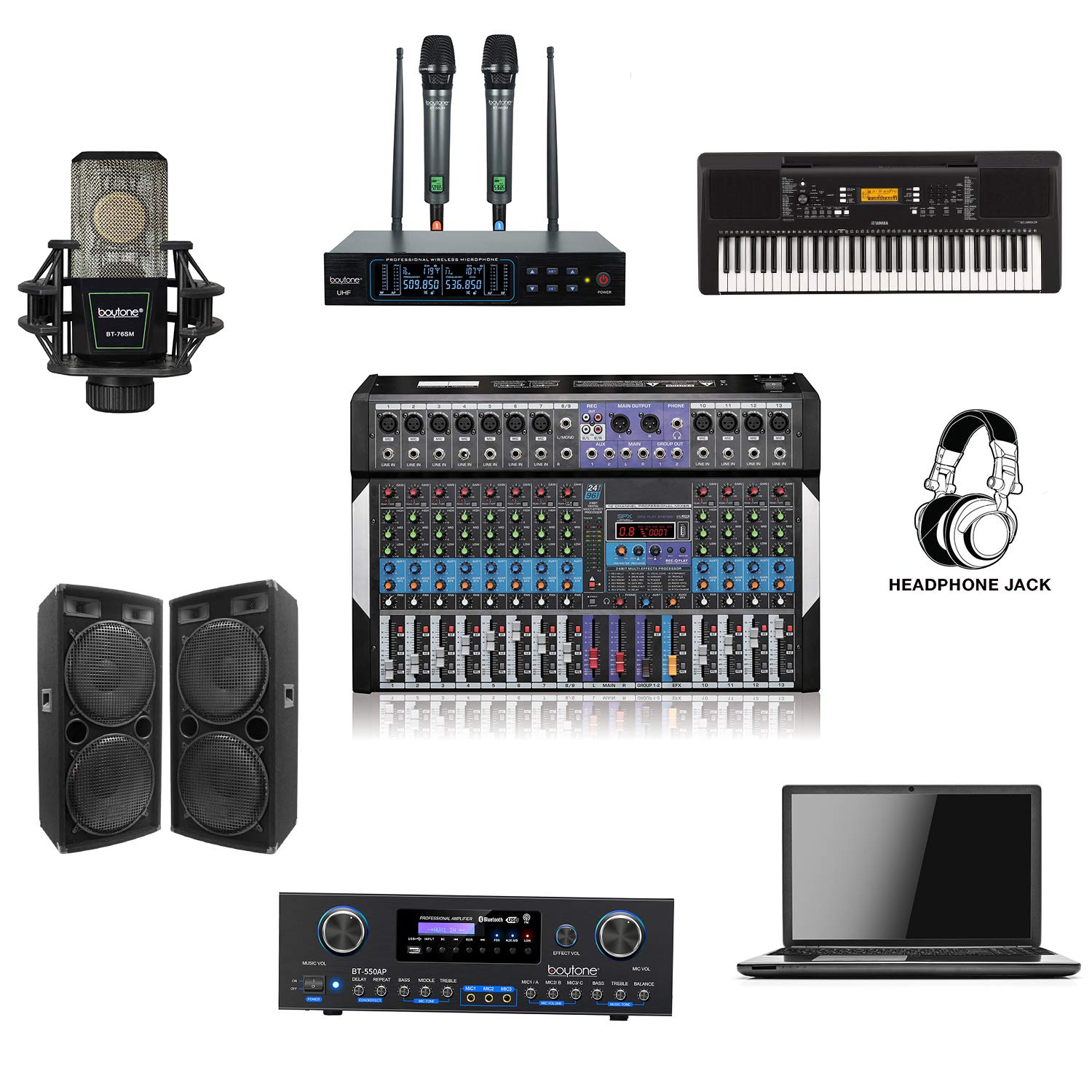 Boytone 12-Channel Bluetooth Studio Audio Mixer - Professional DJ Sound Controller with USB MP3 Player, PC Recording, 96kHz/24bit, 11 XLR Mic Inputs & 48V Phantom Power | Perfect for Home Studios, Live Performances & Podcasting