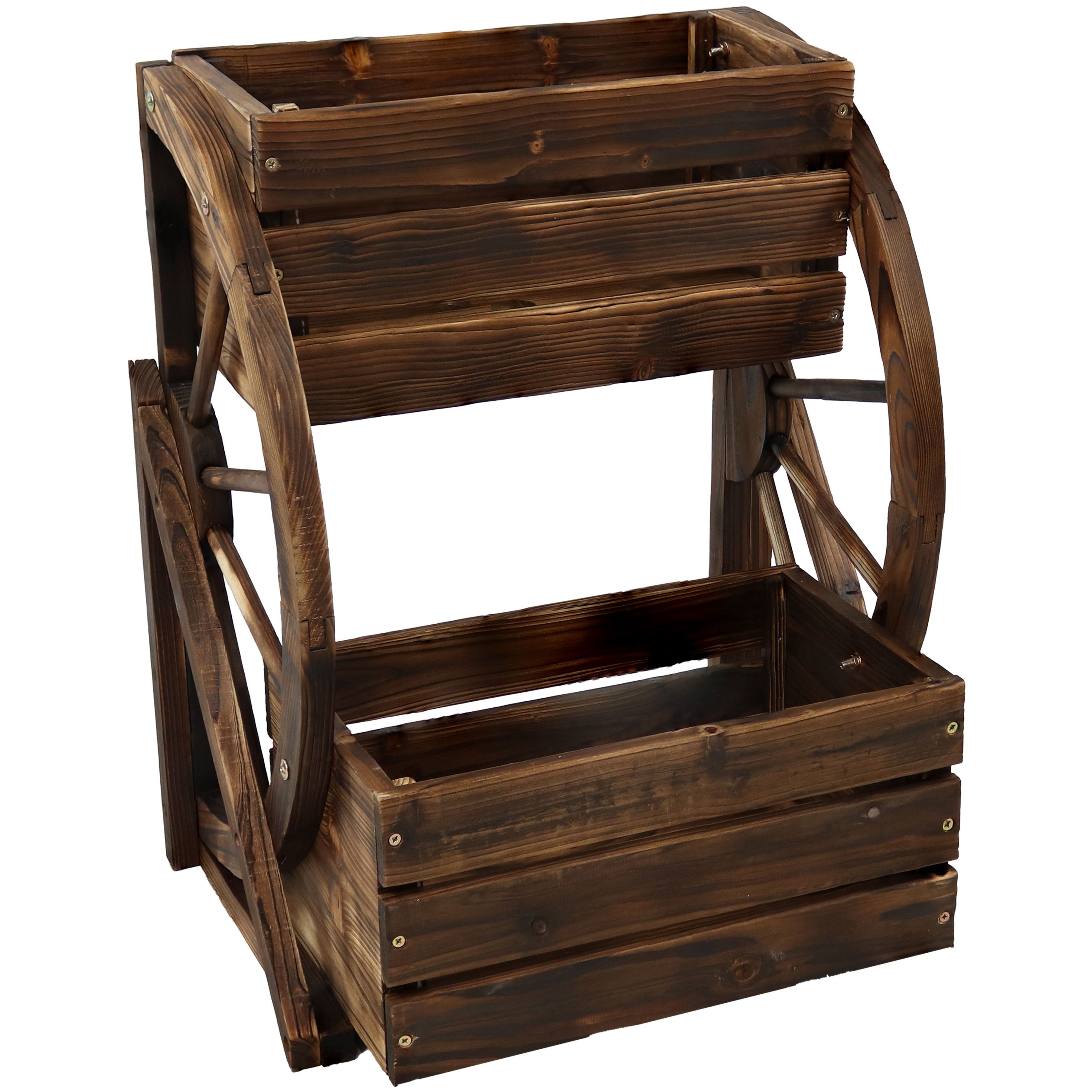 Rustic Wood Wagon Wheel 2-Tier Plant Stand for Indoor & Outdoor Decor - Perfect for Patio, Garden, or Farmhouse Style Home