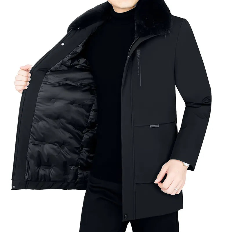 Men's Winter Parka Coat with Fleece Lining & Fur Collar - Thick Warm 5XL Plush Jacket for Autumn Outdoor Work & Cold Weather Protection
