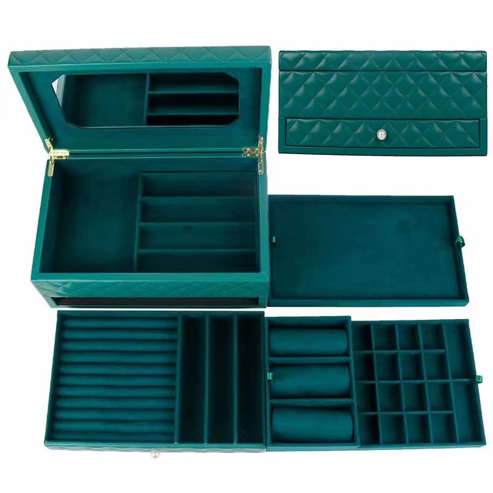 Luxury Large Wooden Jewelry Box Organizer with Mirror, Drawers & Faux-Leather - Perfect for Earrings, Necklaces, Rings Storage - Elegant Gift for Women (Green) | Bedroom Vanity, Travel, Wedding Jewelry Organizer