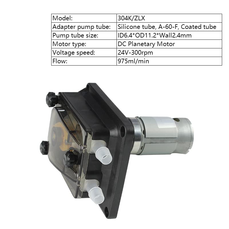 304K Peristaltic Pump 1000ml - High Flow Food Grade Liquid Filling Pump with 12V/24V DC Stepper Motor - Ideal for Beverage Dispensing, Coffee Machines, and Industrial Dosing Applications (304K/ZLX-24V-300R-24#-≤975ml/min)