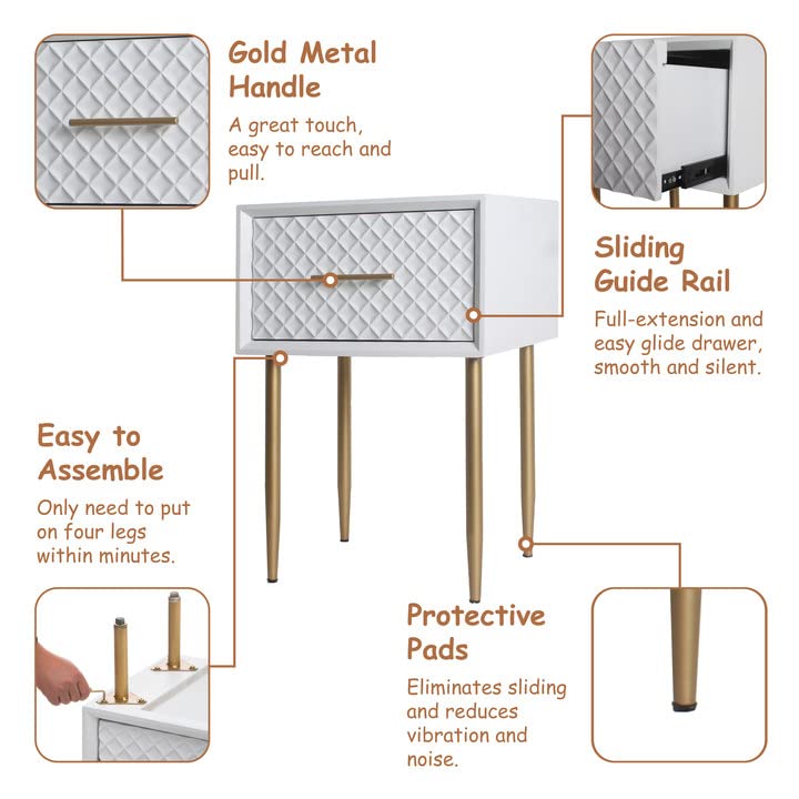 Modern White Nightstand with Waffle Pattern Drawer & Gold Legs - Diamond Pattern Side Table for Bedroom - Contemporary Retro-Inspired Raised Diamond Motif - Perfect for Small Spaces, Guest Rooms & Apartment Living