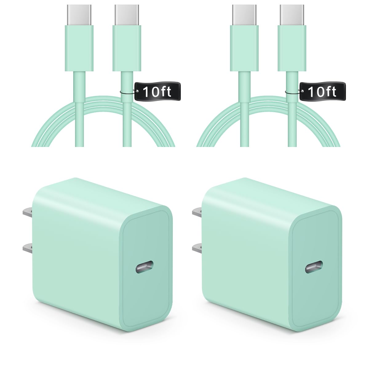 20W USB C Fast Charger Block & 10ft Type C Cable 2 Pack - Compatible with iPhone 16/16 Pro/16 Pro Max/15, iPad Pro/Air 5/4/10 - Quick Charge for Home, Office & Travel (Green)