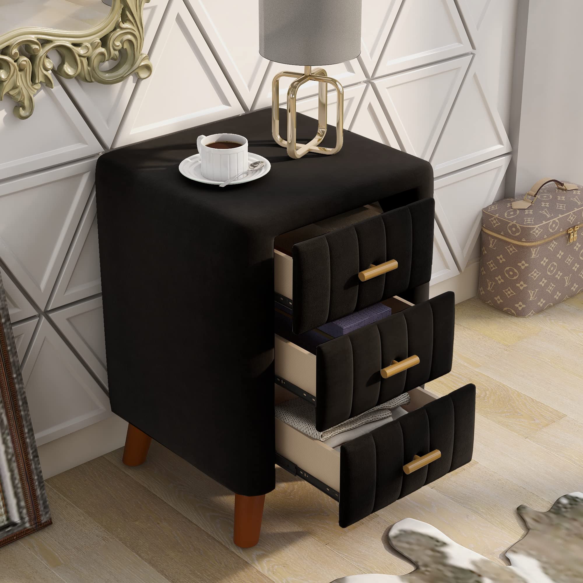 Modern Minimalist Velvet Upholstered Wooden Nightstand with 3 Storage Drawers - Bedside Table for Bedroom, Living Room Furniture (Black) | Perfect for Small Spaces, Apartment Decor & Guest Room Essentials
