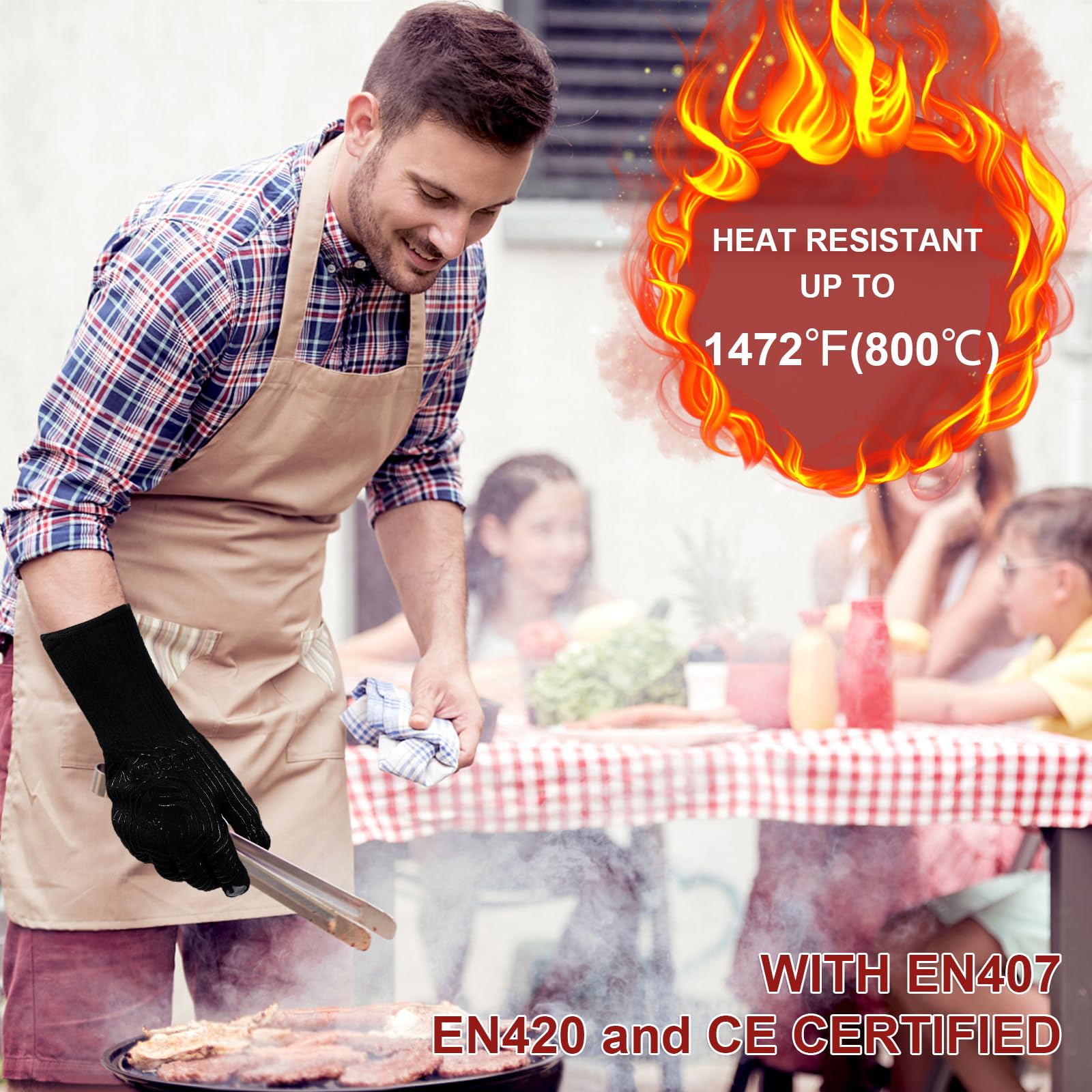 Heat Resistant BBQ Gloves - Non-Slip Grilling & Oven Mitts for Outdoor Cooking, Baking, Smoking - Extra Long Kitchen Gloves (1 Pair, Black) - Perfect for Backyard Barbecues, Campfire Cooking & Hot Food Handling