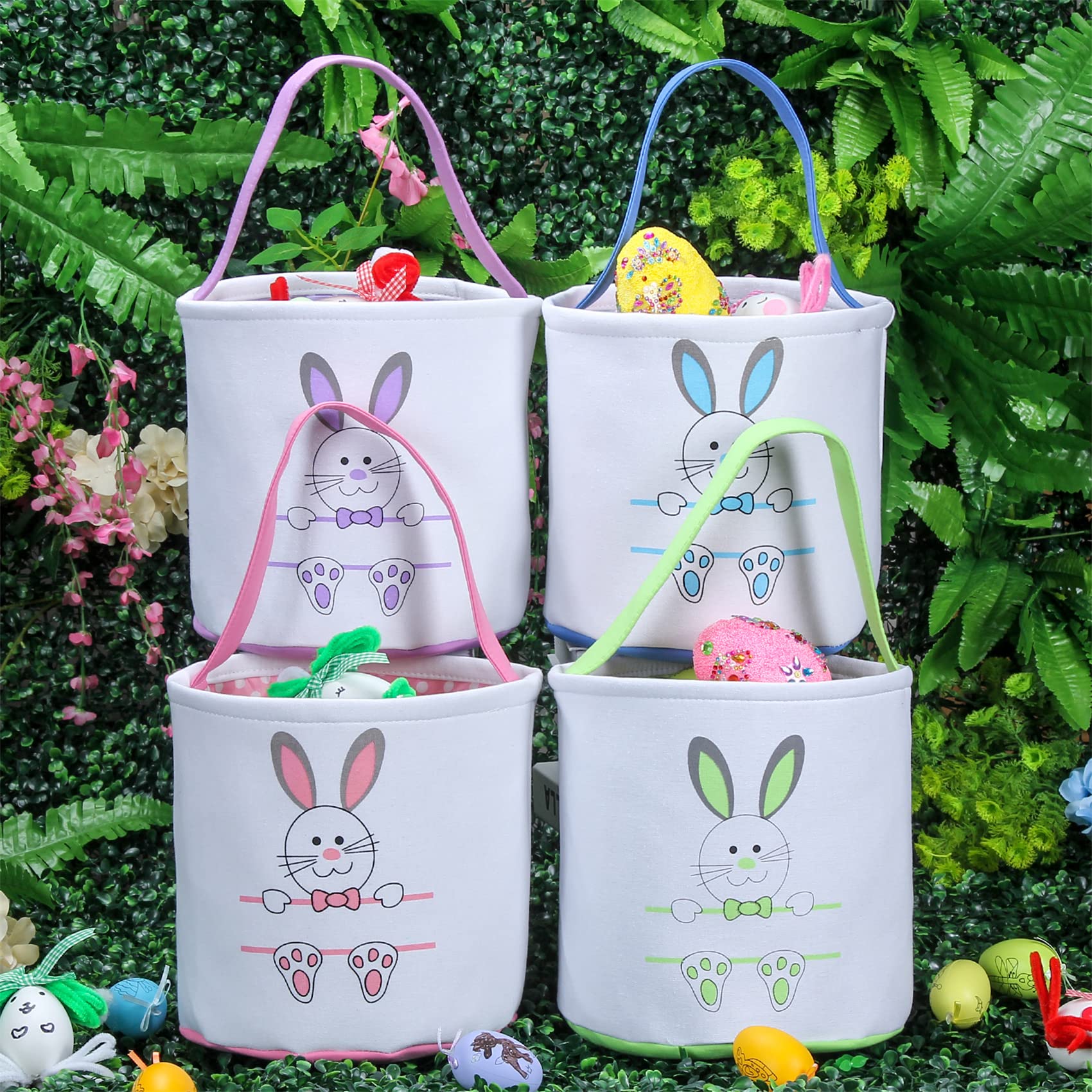 Easter Bunny Basket Egg Bags for Kids - Personalized Canvas Cotton Candy Egg Basket with Rabbit Print & Fluffy Tail - Perfect Easter Gift Bags for Egg Hunts, Party Favors, and Spring Celebrations