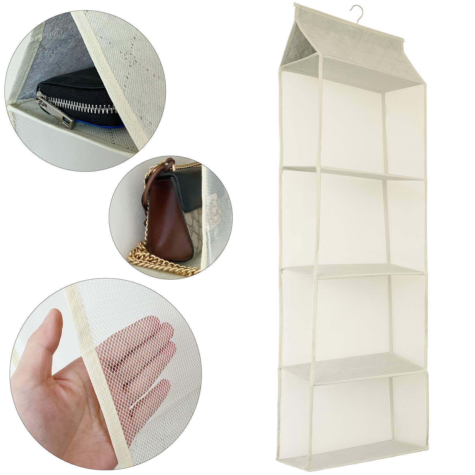 Space Saving Hanging Handbag Organizer with 4 Heavy-Duty Mesh Shelves - Closet Purse & Tote Storage for Wardrobe (Beige) | Perfect for Bedroom, Walk-in Closet & Dorm Organization