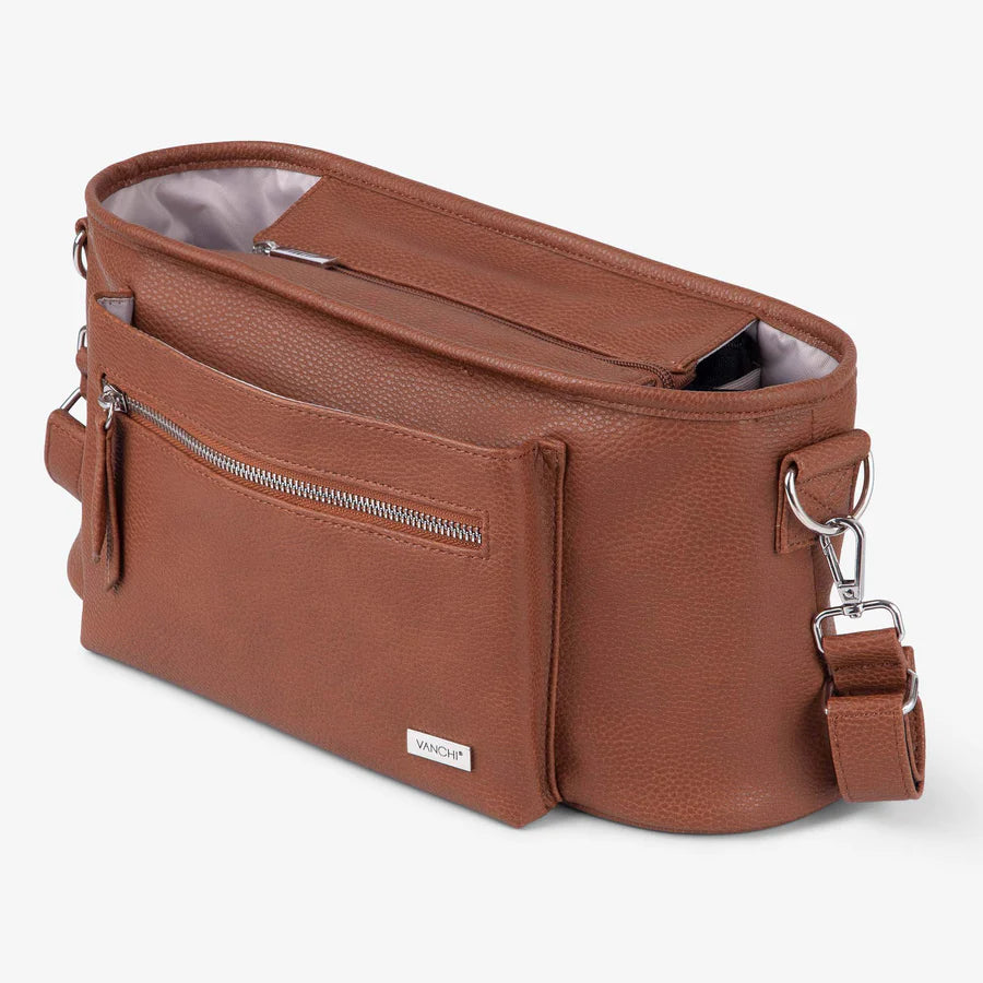 Vanchi Pram Caddy Pebbled Tan - Stylish and Functional Stroller Organizer for Diaper Bags & Baby Essentials - Perfect for Shopping, Travel & Daily Walks