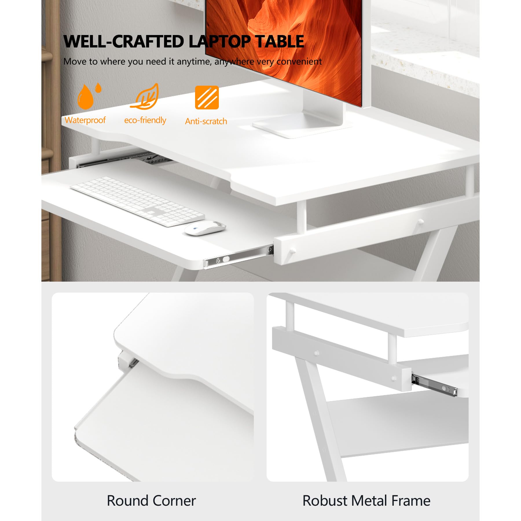 Soges Furniture Mobile Compact Computer Desk Cart - Portable Rolling Workstation with Printer Shelf & Keyboard Drawers for Small Spaces, Home & Office Use - White | Perfect for Dorm Rooms, Apartments, and Workspace Organization