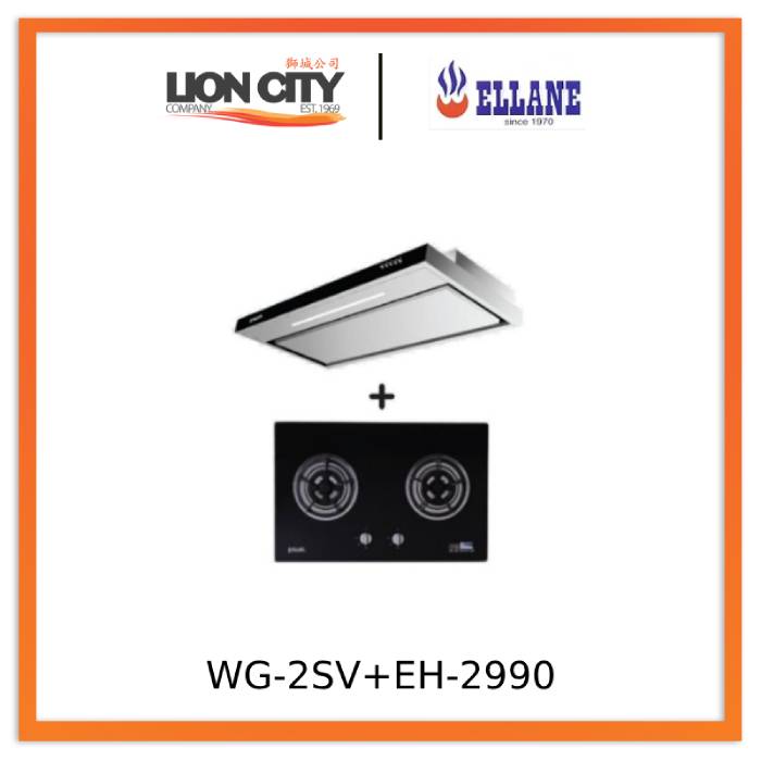Ellane EH 2990 90cm Stainless Steel Slimline Range Hood with Ellane WG 2SV 80cm 2 Burner Glass Gas Cooktop - Modern Kitchen Ventilation & Cooking Solution for Home Chefs