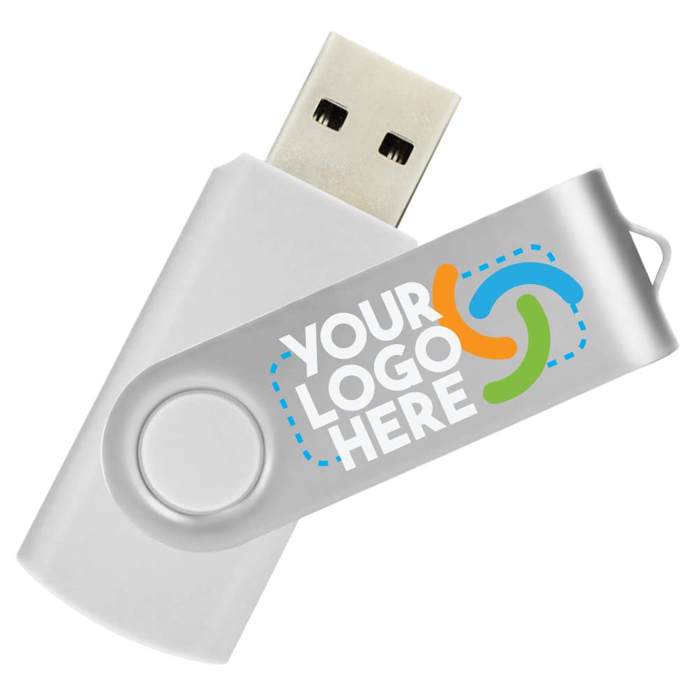 8GB Custom USB Flash Drives with Logo - Bulk 50 Pack - Swivel Design White & Silver - Promotional Giveaways for Business, Events & Trade Shows