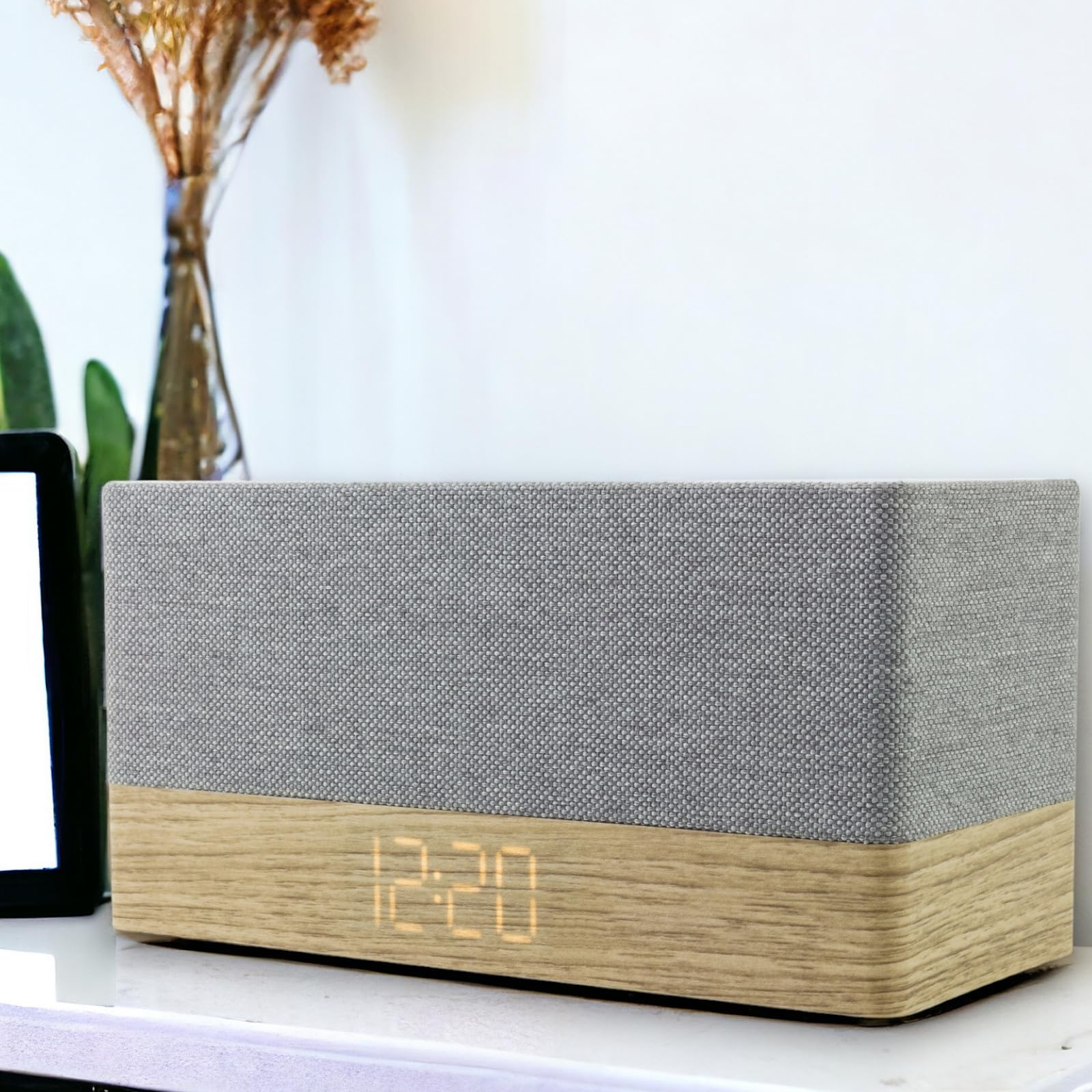 Soundmaster UR630WE Bluetooth Clock Radio with FM, AUX Input & Wake Up Alarm - Grey & Brown - Perfect for Bedroom, Office, and Travel Use