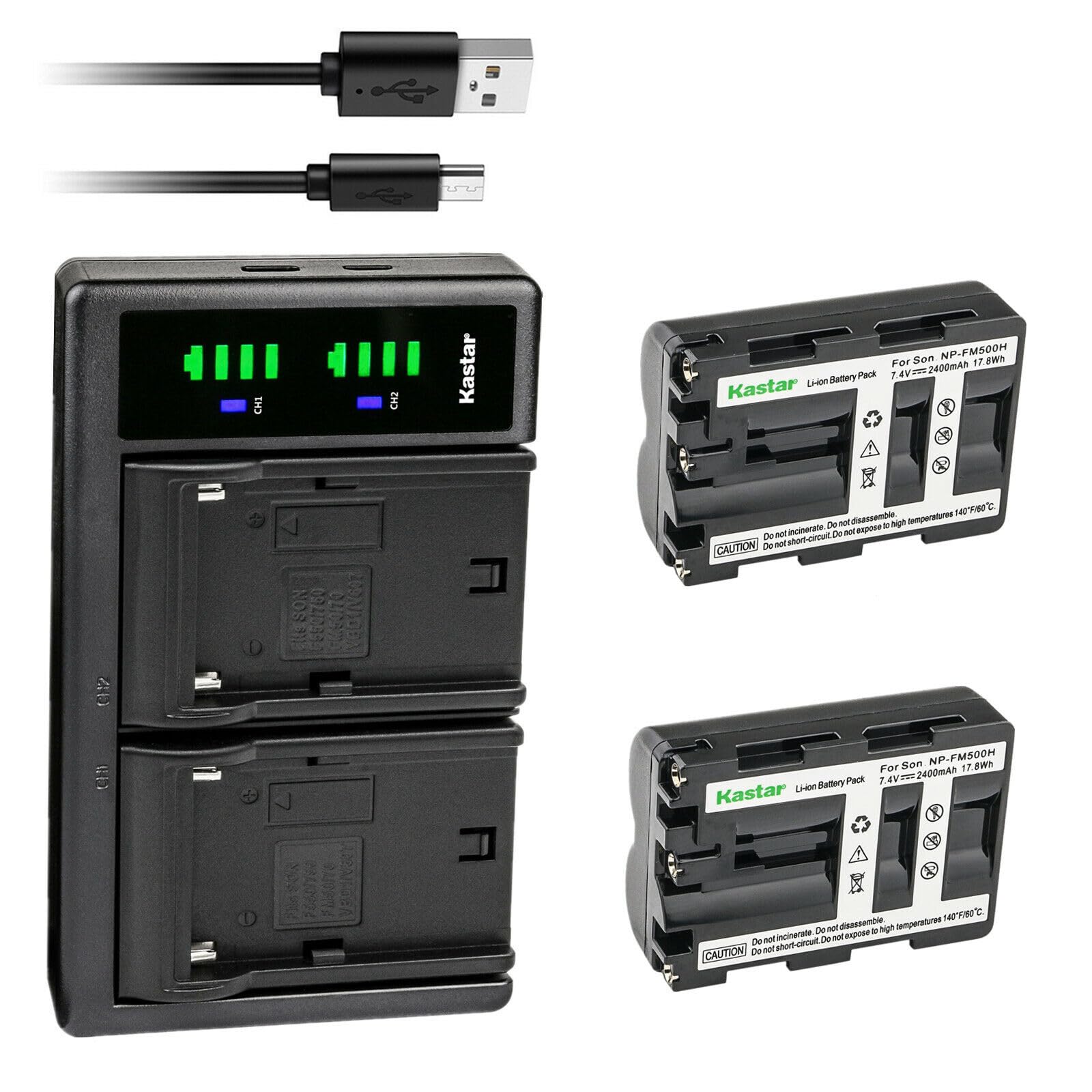 Kastar 2-Pack NP-FM500HN Replacement Batteries with LTD2 USB Charger - Compatible with Sony NP-FM500/500H/500HN, BC-VM10 & AC-SQ950 Chargers, VG-C77AM Grip & Viltrox DC-50 Monitor - Perfect for Sony Cameras, Video Recording & Professional Photography