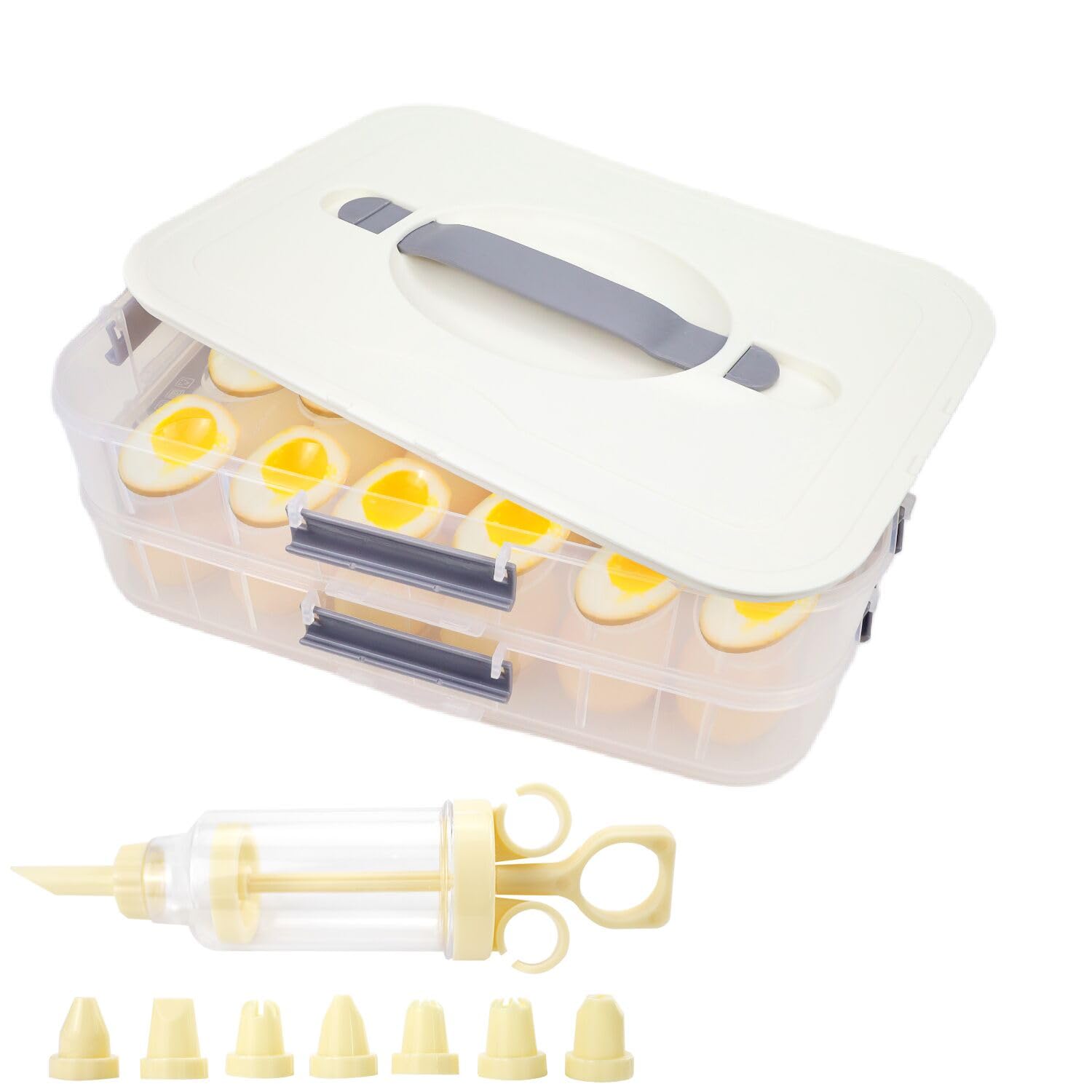 2-Layer Deviled Egg Container with Lid - 36PCS Portable Egg Tray Carrier with Handle & Piping Tool - Stackable Egg Holder for Refrigerator, Party, Picnic, Travel - Perfect for Easter, Potlucks and Family Gatherings