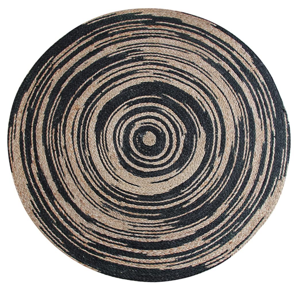 Hand-Woven Round Jute Rug - 59.1 Inch Natural Fiber Carpet for Living Room, Bedroom & Coffee Table - Eco-Friendly Floor Mat for Boho Decor & Cozy Home (Black)