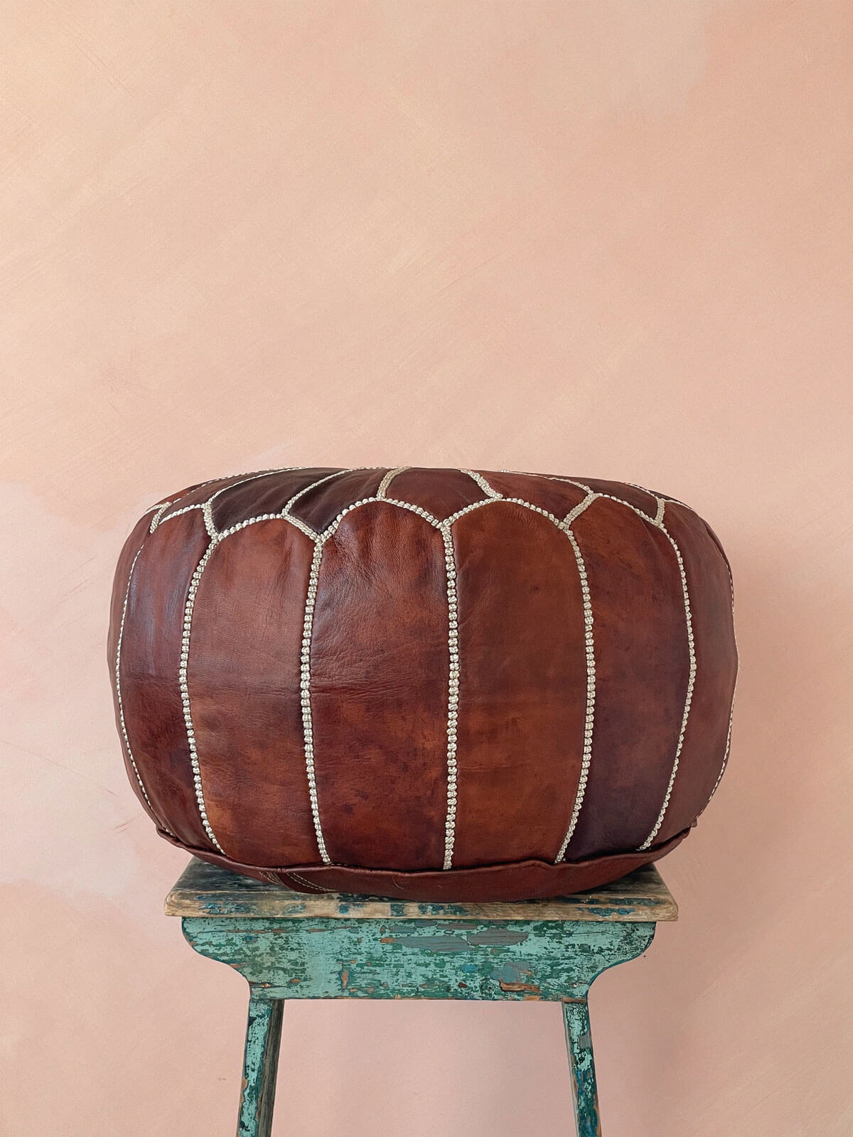 Handmade Moroccan Leather Pouffe Ottoman - Genuine Leather Footstool, Chestnut Brown - Perfect for Living Room, Bedroom, or Boho Home Decor