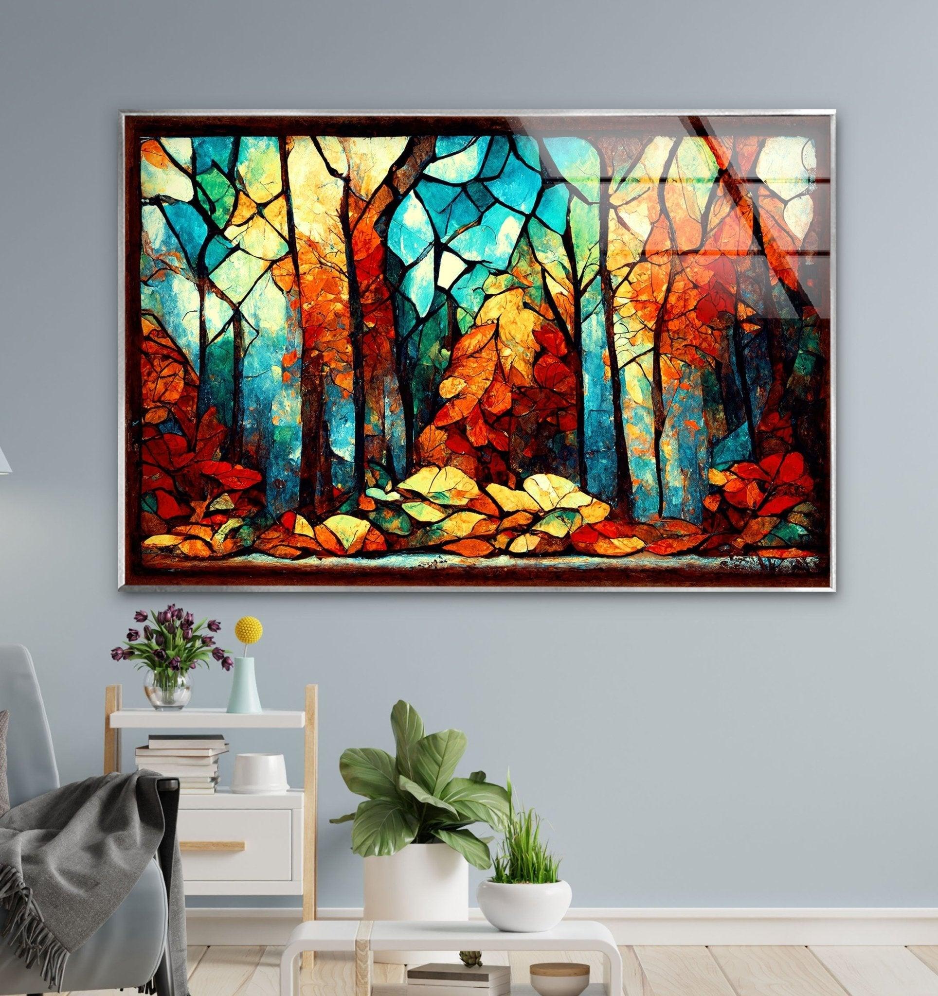 Autumn Forest Stained Glass Wall Art - Handmade Nature Inspired Window Hanging Decor for Living Room, Bedroom & Office - Perfect for Home Decor, Gifts & Meditation Spaces