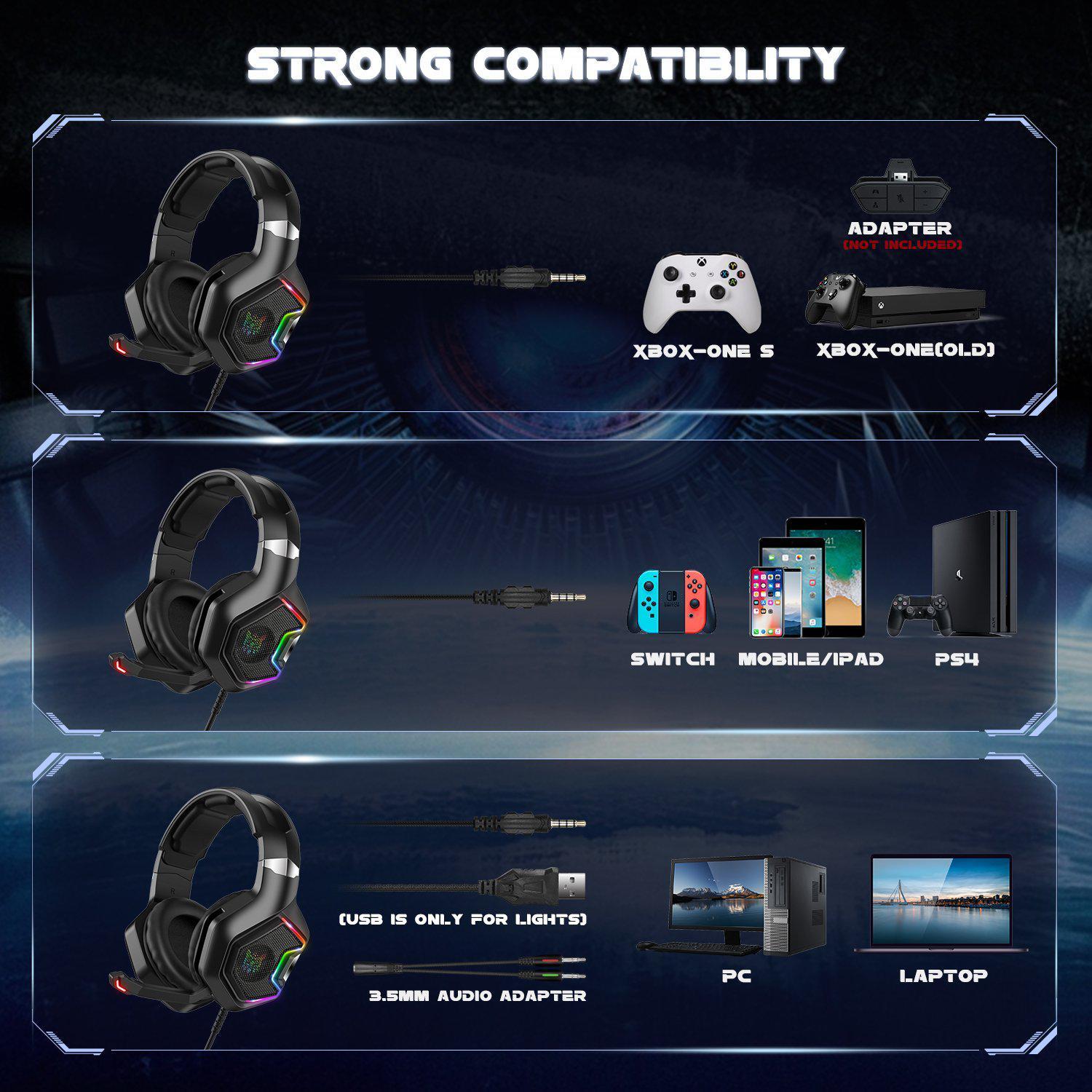 ONIKUMA K10 Pro Wired Gaming Headset with RGB Lights - Noise Cancelling Mic, Comfortable Ear Cushions for PC, PS4, Xbox - Perfect for Competitive Gaming & Late-Night Sessions