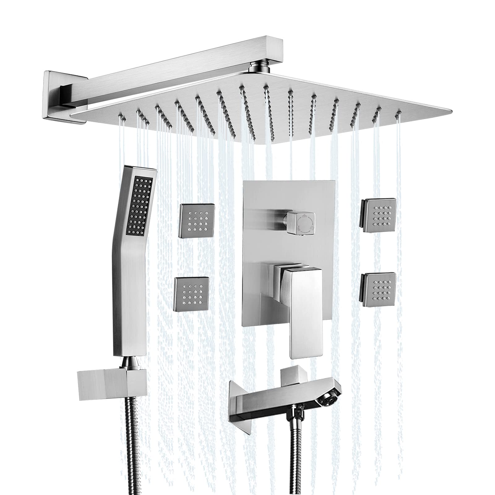 Bostingner 10 Inch Brushed Nickel Shower System with Tub Spout - 3 Function Wall Mounted Rain Shower Head & Handheld Sprayer - Complete Bath Faucet Set Kit with Rough-in Valve for Modern Bathroom Renovation