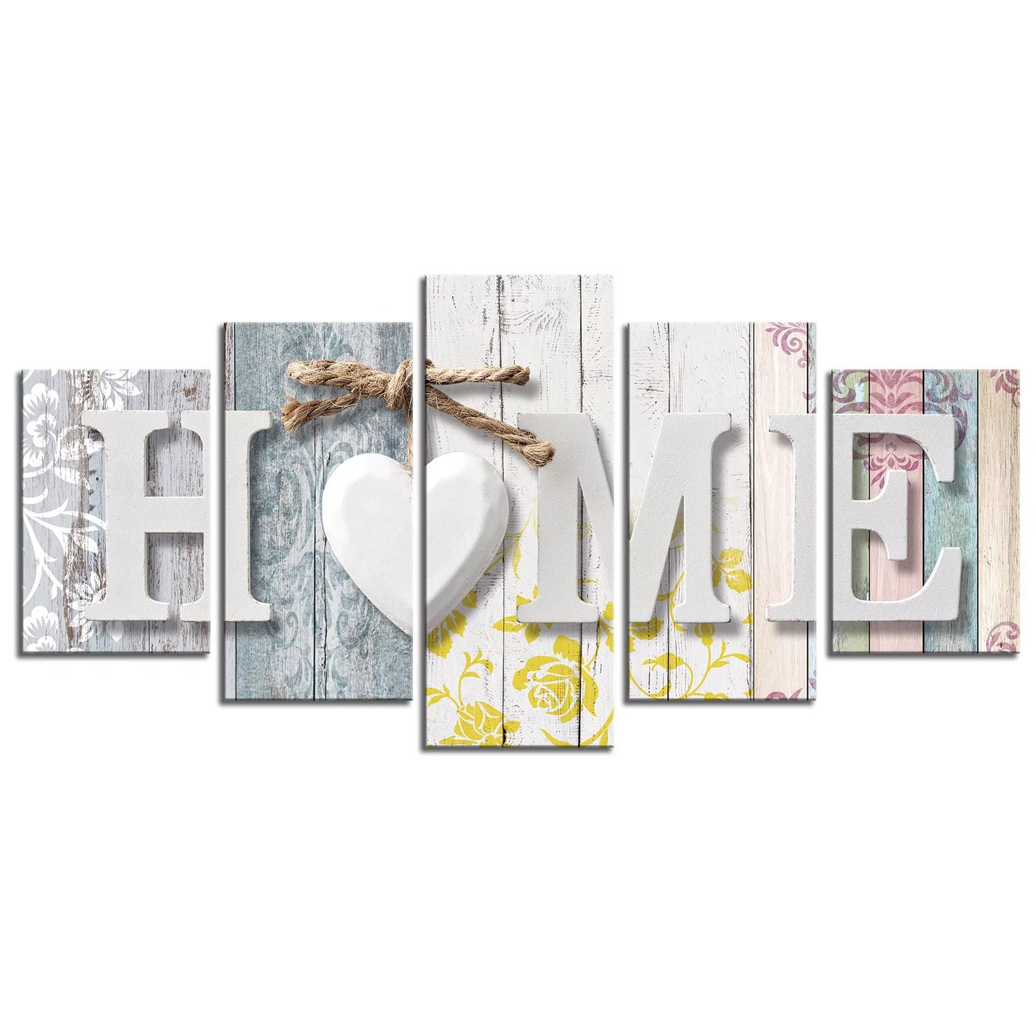Abstract Love Wall Art Canvas Painting - Yellow & White 5 Panels for Living Room Decor | Rustic Home Artwork with Flowers | 80
