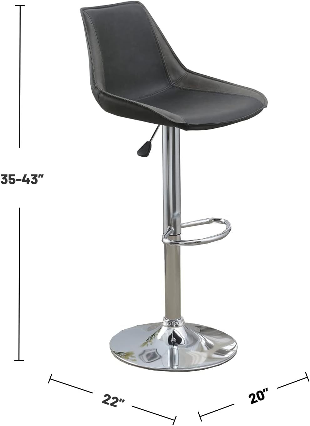 Modern Adjustable Bar Stool Set of 2 - Ebony PU Leather Seat with Chrome Base, Counter Height Kitchen & Dining Stools for Home Bar, Breakfast Nook, and Restaurant Use