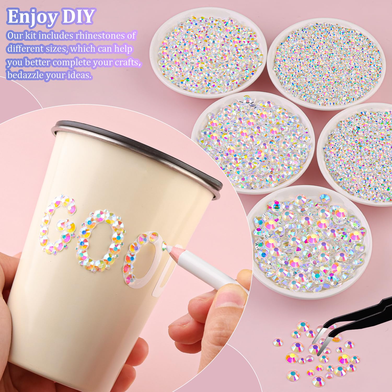 16,000Pcs Resin Jelly Rhinestones with Tweezers - Transparent AB 2-6mm Mixed Sizes Flatback Gems for DIY Crafts, Clothing, Tumblers, Mugs, Shoes & Nail Art | Perfect for Bedazzling, Scrapbooking & Home Decor Projects