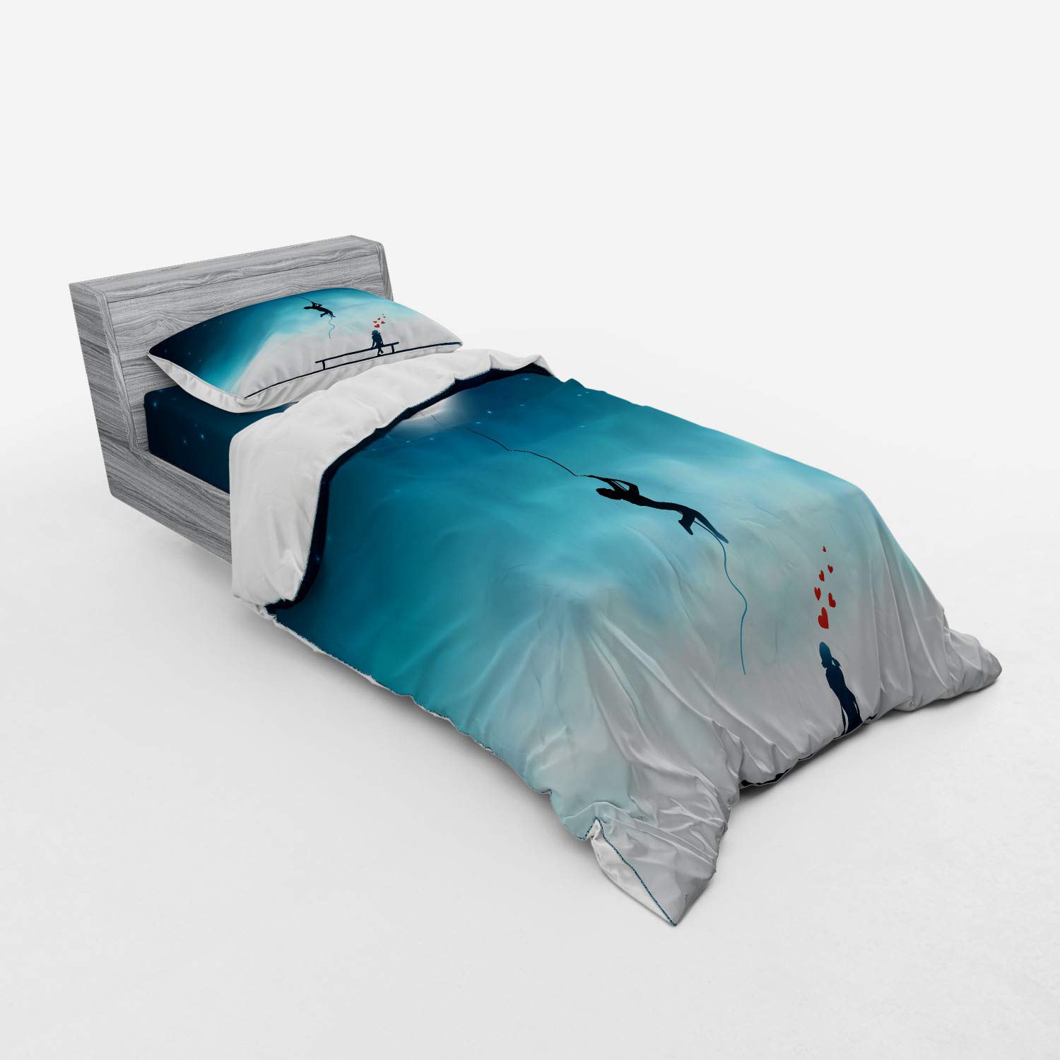Ambesonne Fantasy Bedding Set - Twin Size 3-Piece Duvet Cover with Sham & Fitted Sheet, Teal & White | Boy Climbing Moon & Girl on Bench Romantic Art | Perfect for Teen Bedrooms, Dorm Decor & Gift Ideas