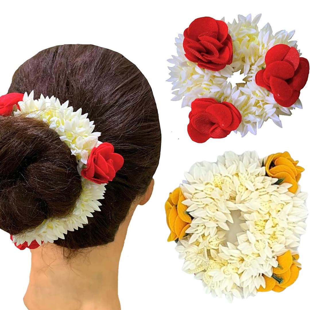 2 Pcs Mogra Scented Hair Bands for Women - Hair Bun & Scrunchies Accessories (Yellow/Red) - Perfect for Parties & Weddings