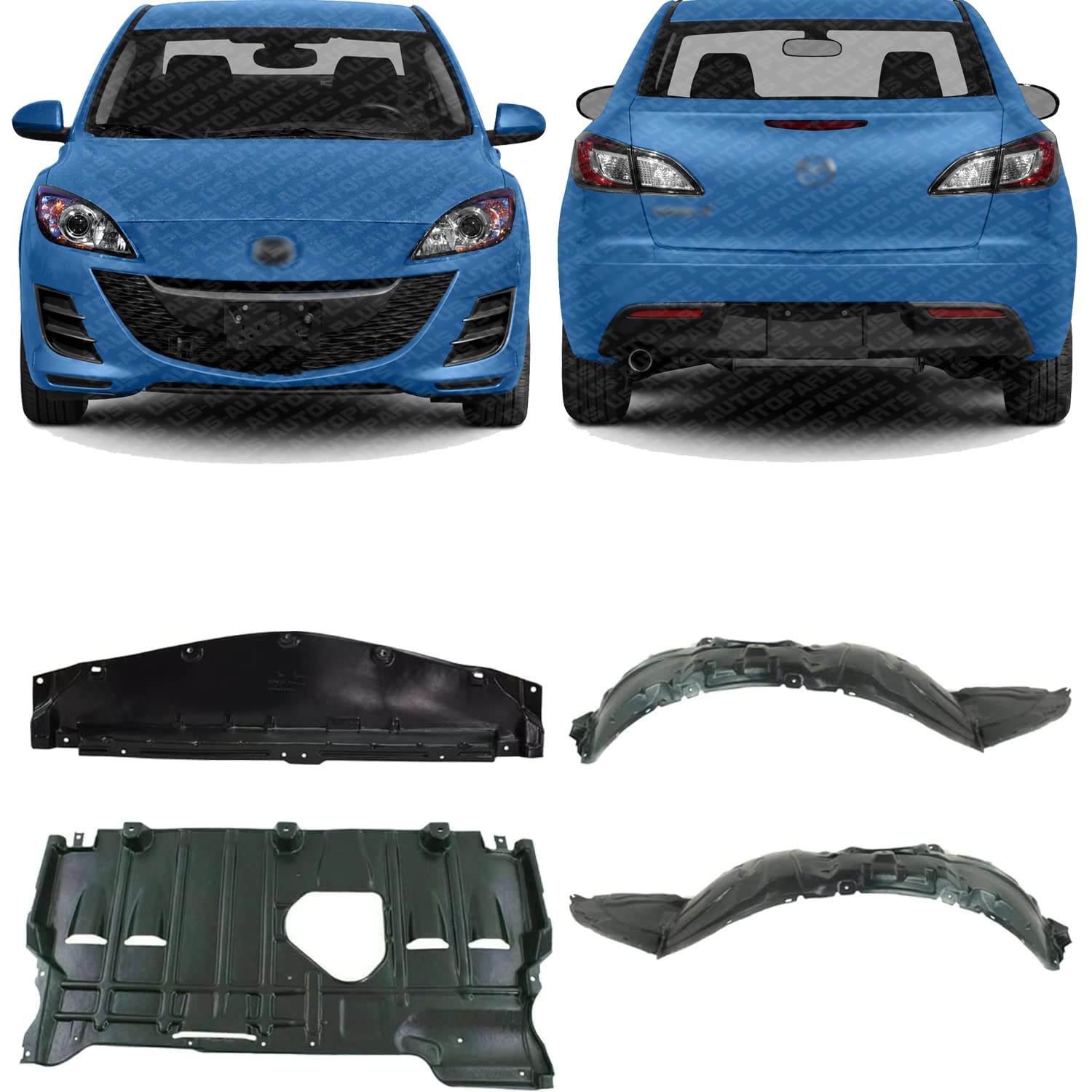 2010-2013 Mazda 3 Front & Rear Engine Splash Shield Under Cover + Fender Liners Set (Driver & Passenger Side) - Direct Replacement Parts MA1249139 MA1248139 MA1228113 MA1228112 - Perfect for Off-Road Protection & Winter Driving