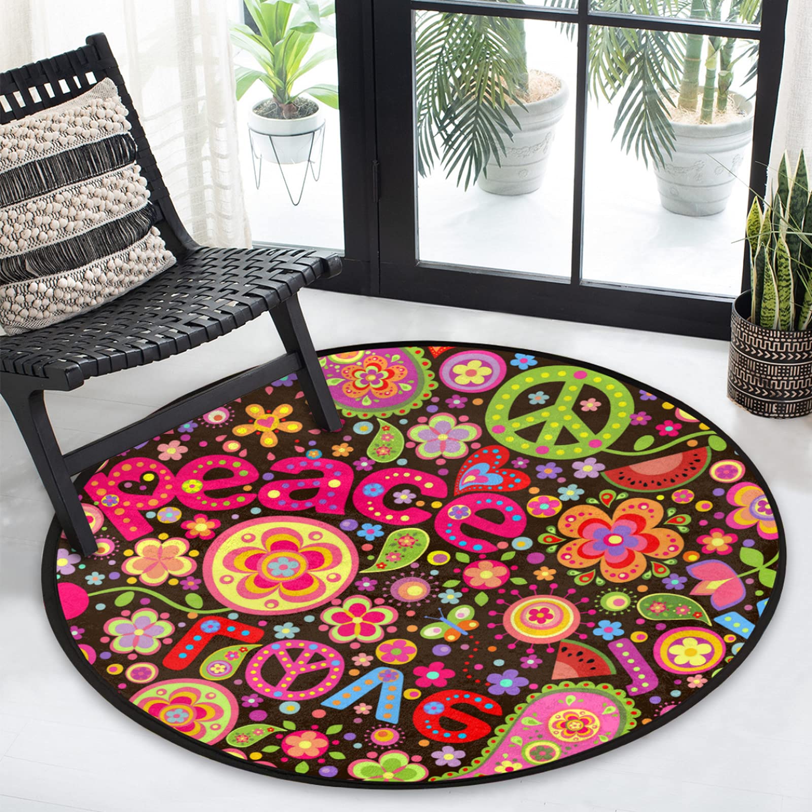Round Peace Sign Peach Blossom Area Rug - Non-Slip Washable Absorbent Doormat for Entryway, Living Room, Bathroom & Nursery Decor - 36.2