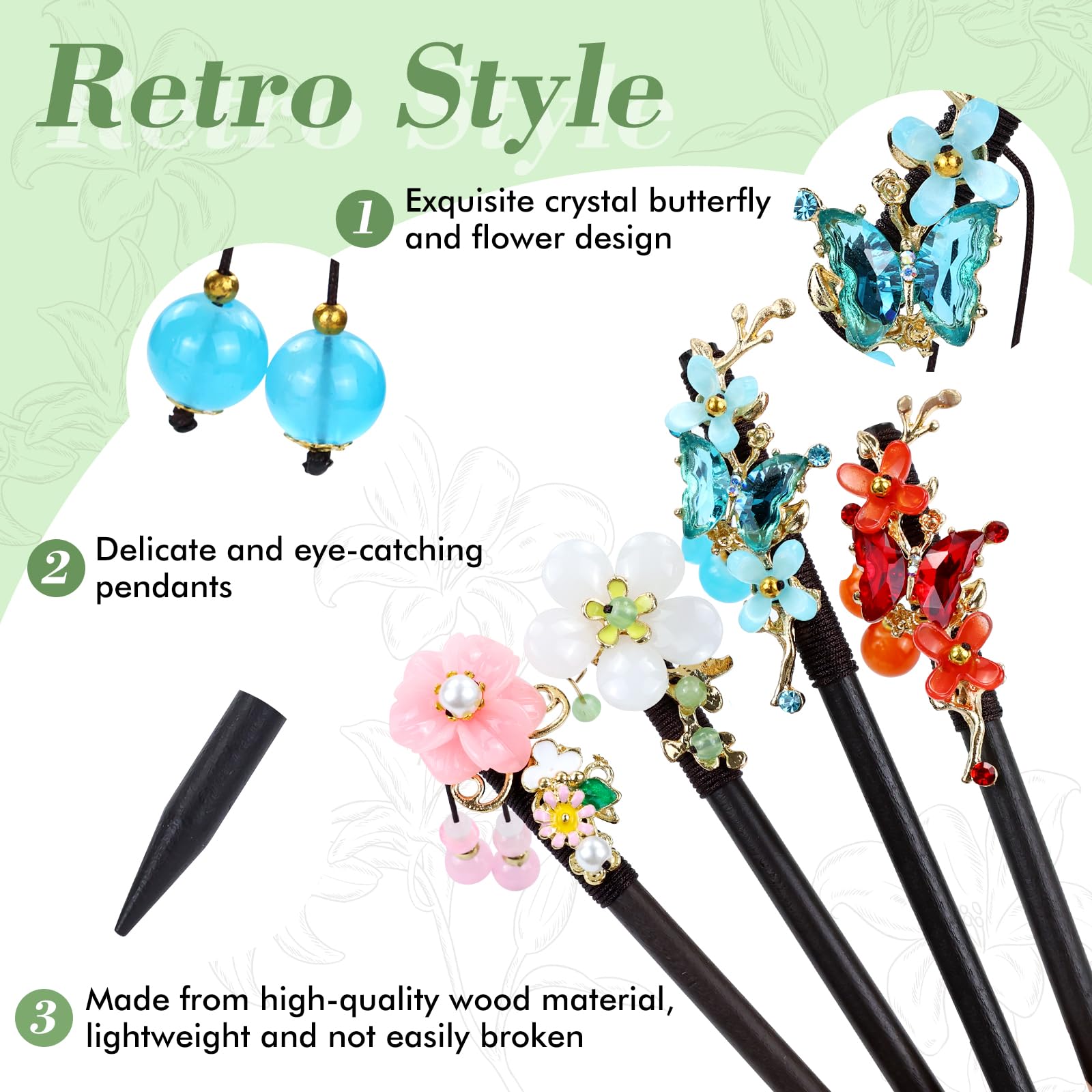 8Pcs Retro Chinese Hanfu Hair Sticks - Traditional Butterfly Flower Wooden Hairpins with Bead Pendants for Women & Girls | Vintage Bun Updo Holders for Weddings, Cosplay & Asian Fashion