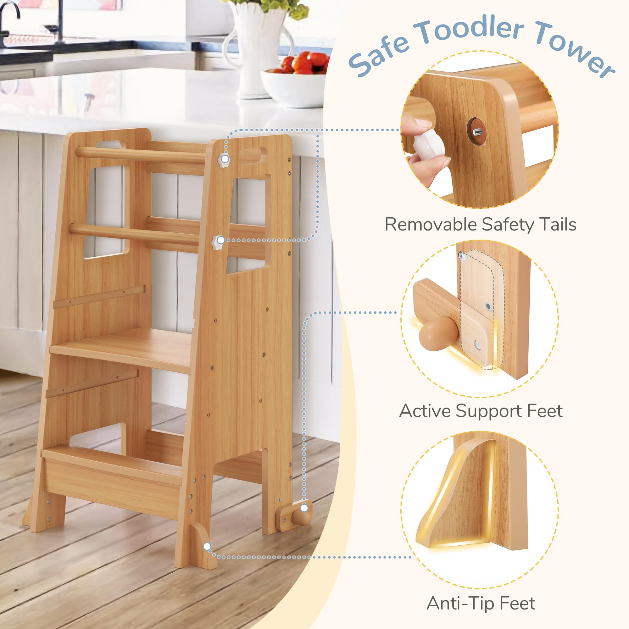 Adjustable Height Toddler Kitchen Step Stool with Safety Rails - Dark Natural Wooden Standing Tower for Kids, Perfect for Kitchen Counter, Bathroom Sink, Bedroom Dressing & Playroom Activities