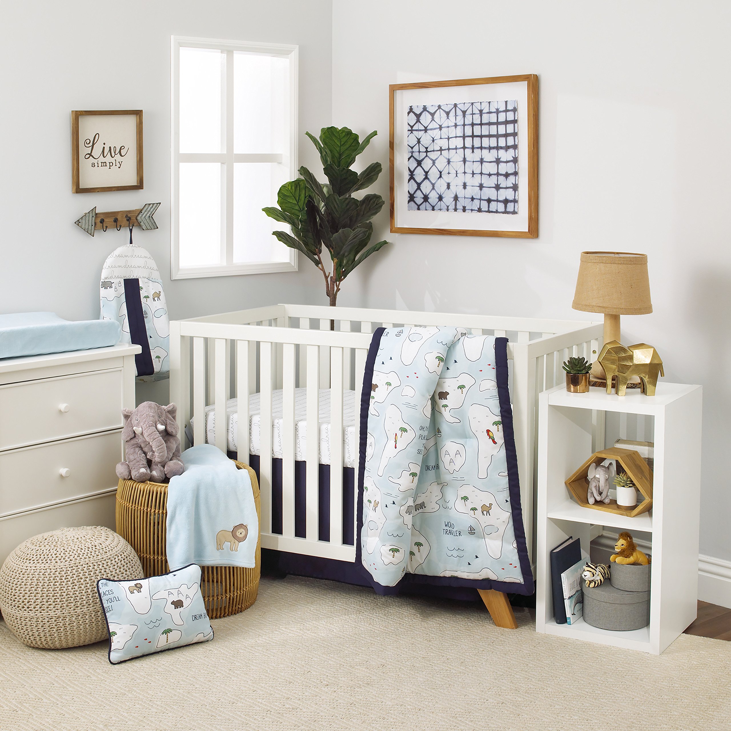 NOJO Dreamer Little Explorer World Map 8-Piece Crib Bedding Set - Navy Blue, Light Blue & White - Soft Baby Nursery Bedding for Boys & Girls - Perfect for Adventure-Themed Nurseries & Travel-Inspired Decor