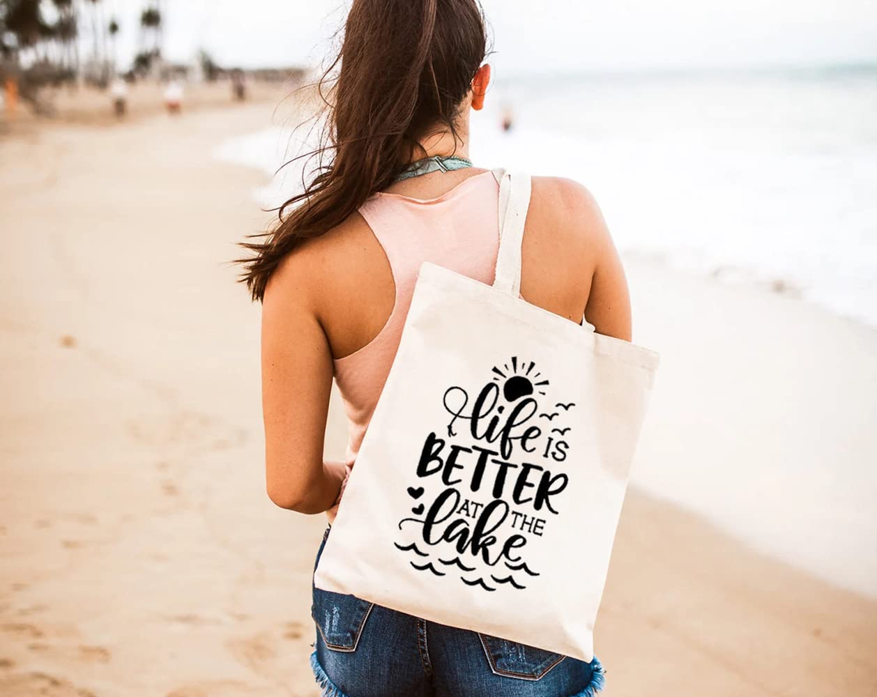 Stylish Reusable Canvas Tote Bag for Women - Eco-Friendly Grocery Shopping Shoulder Bag | Perfect Lake Day Accessory & Funny Gift for Girls