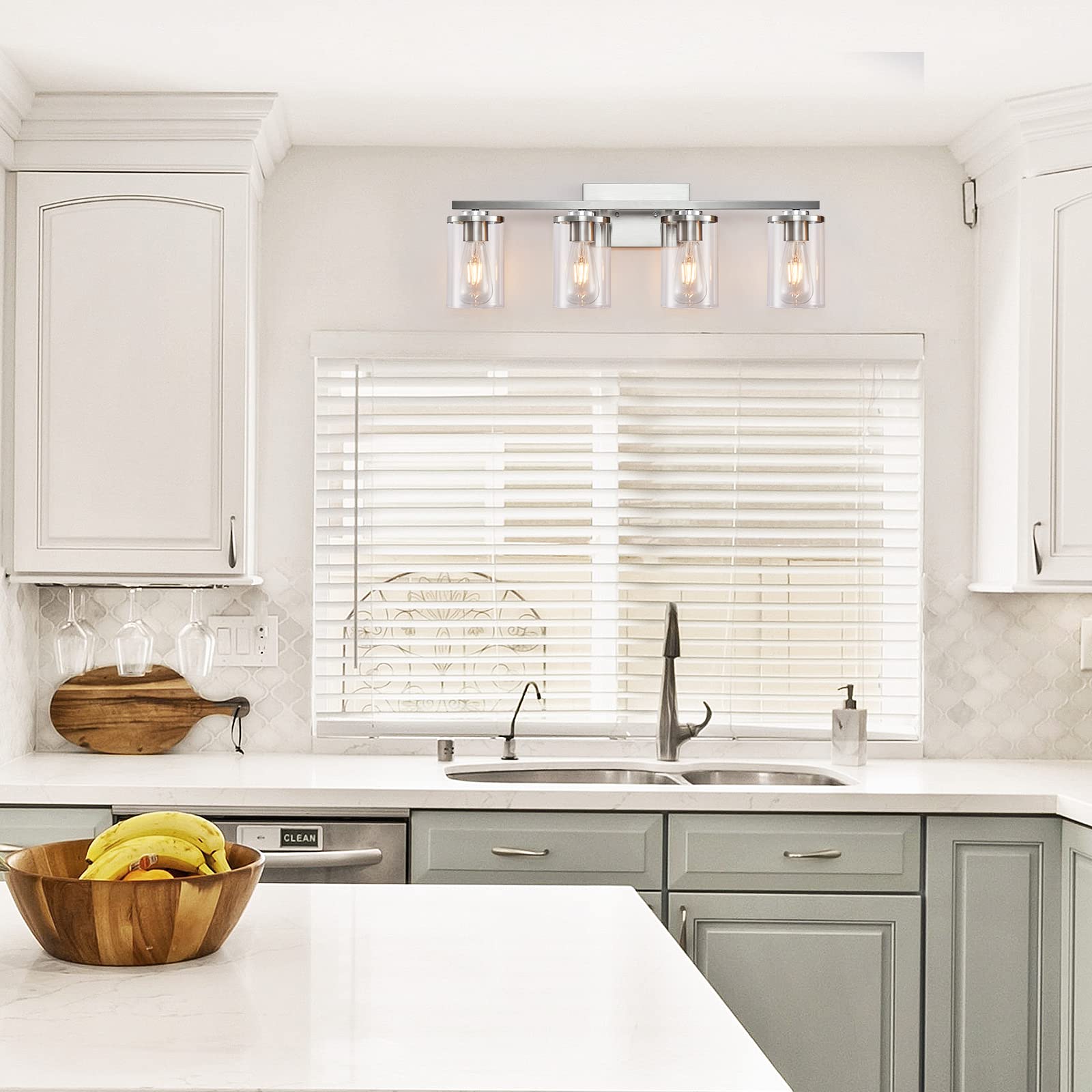 Modern Brushed Nickel 4-Light Bathroom Vanity Light Fixture with Clear Glass Shade - Perfect for Mirror Lighting in Contemporary Bathrooms & Powder Rooms