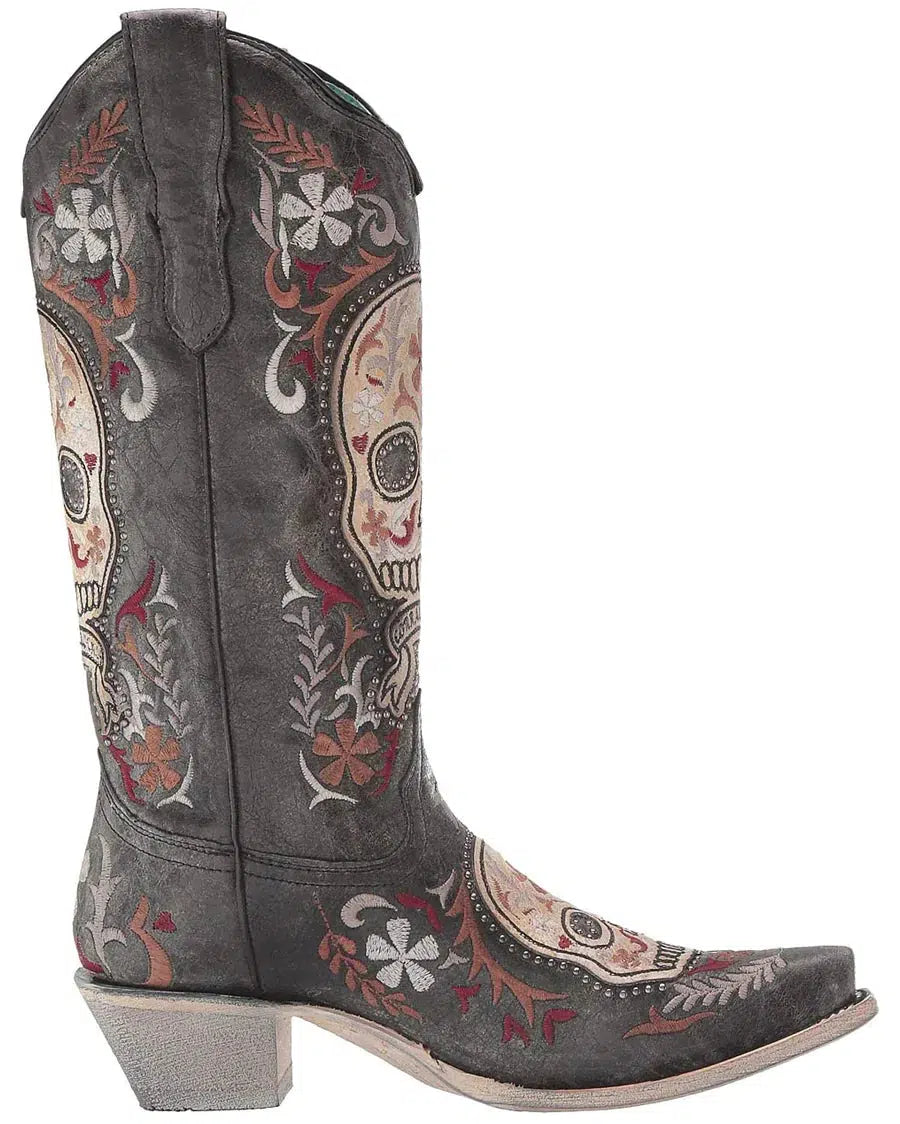 E1587 Women's Western Cowgirl Leather Boots - Black Skull Design for Rodeo & Country Fashion | Perfect for Horseback Riding, Line Dancing & Cowgirl Style Outfits