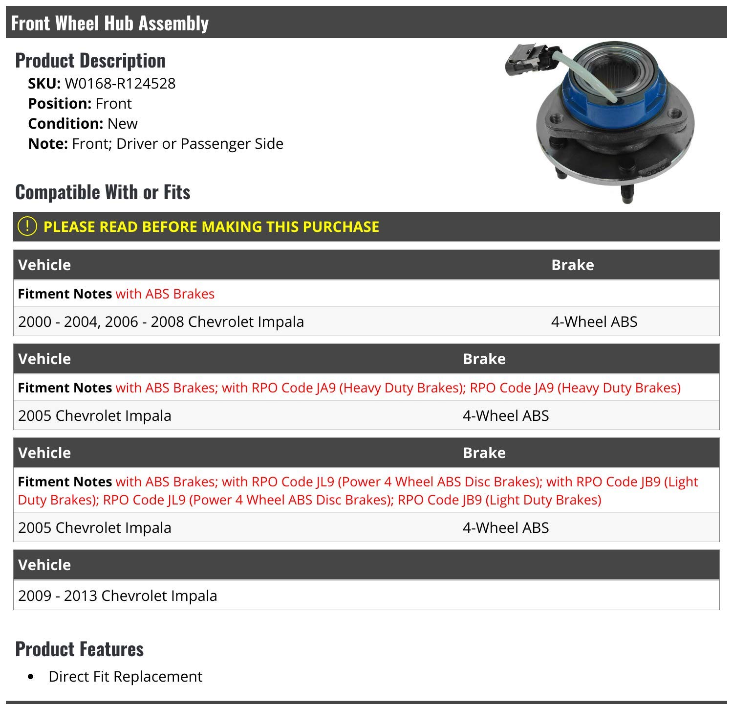 High-Quality Front Wheel Hub and Bearing Assembly with ABS - Compatible with 2000-2013 Chevy Impala - Perfect for Smooth Ride & Safe Driving
