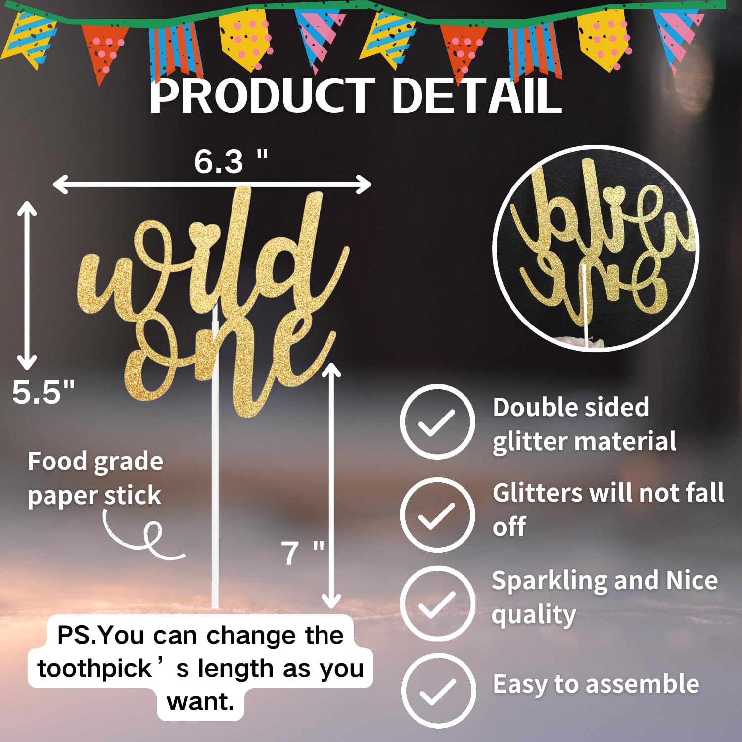 ALISSAR Glitter Double Sided Gold Wide Cake Topper for 1st Birthday Party Decorations - Perfect for Baby Boy and Girl First Birthday Cakes, Cupcakes, and Dessert Tables - Elegant Gold and Glitter Design for Celebrations