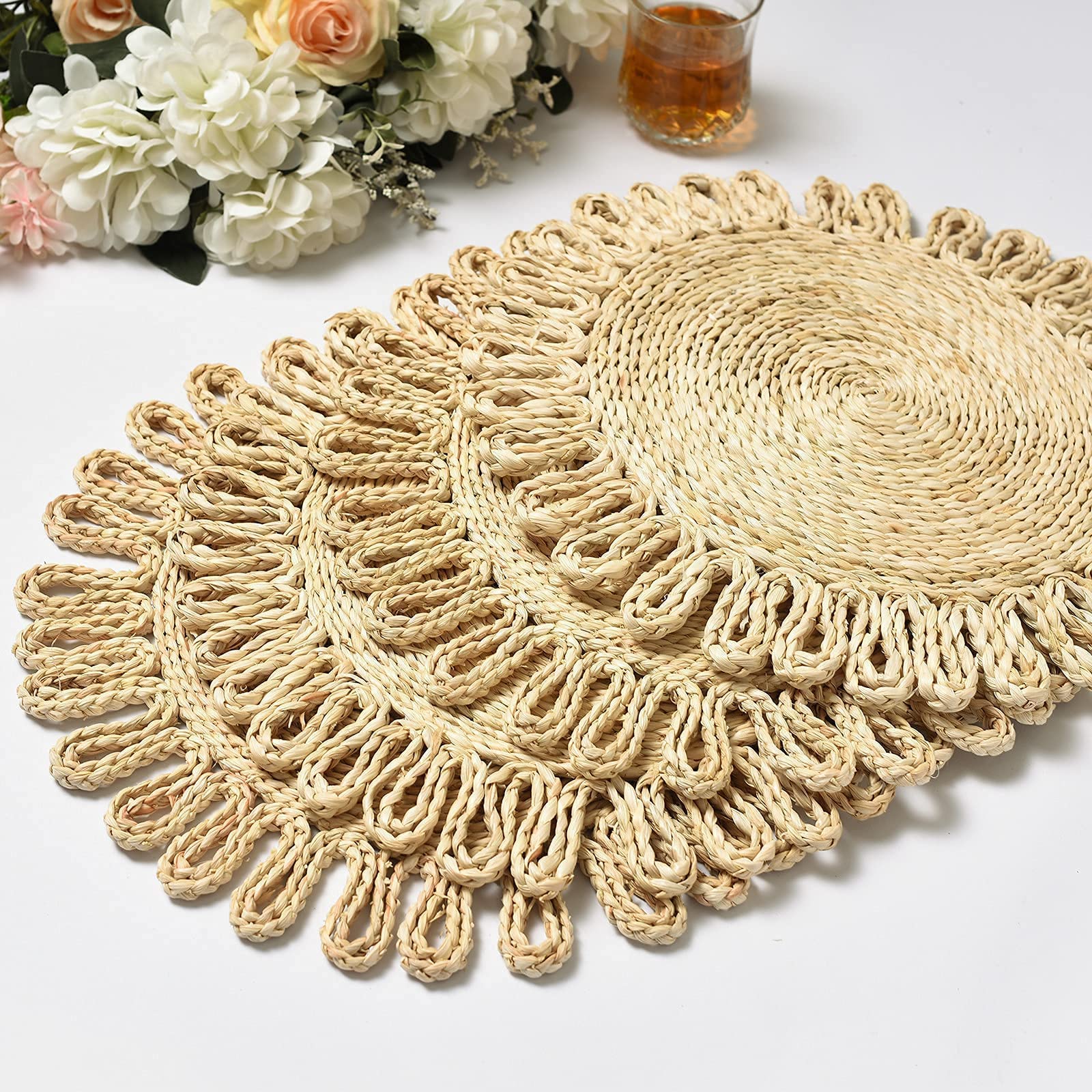 IcosaMro Round Woven Placemats Set of 4 - 11 Inch Natural Rattan Charger Plates, Boho Wicker Table Mats for Dining & Kitchen Decor - Perfect for Christmas Holiday Dinner Parties and Everyday Use