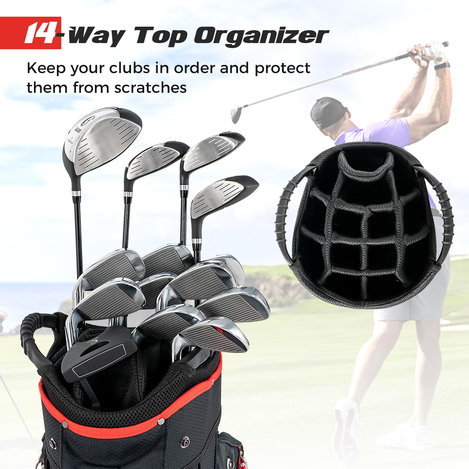 **Goplus 14-Way Divider Lightweight Golf Cart Bag – 8 Zippered Pockets, Cooler Bag, Rain Hood, Shoulder Strap & Carry Handle – Durable Golf Club Bag for Men & Women – Perfect for Golf Courses, Driving Ranges & Travel**