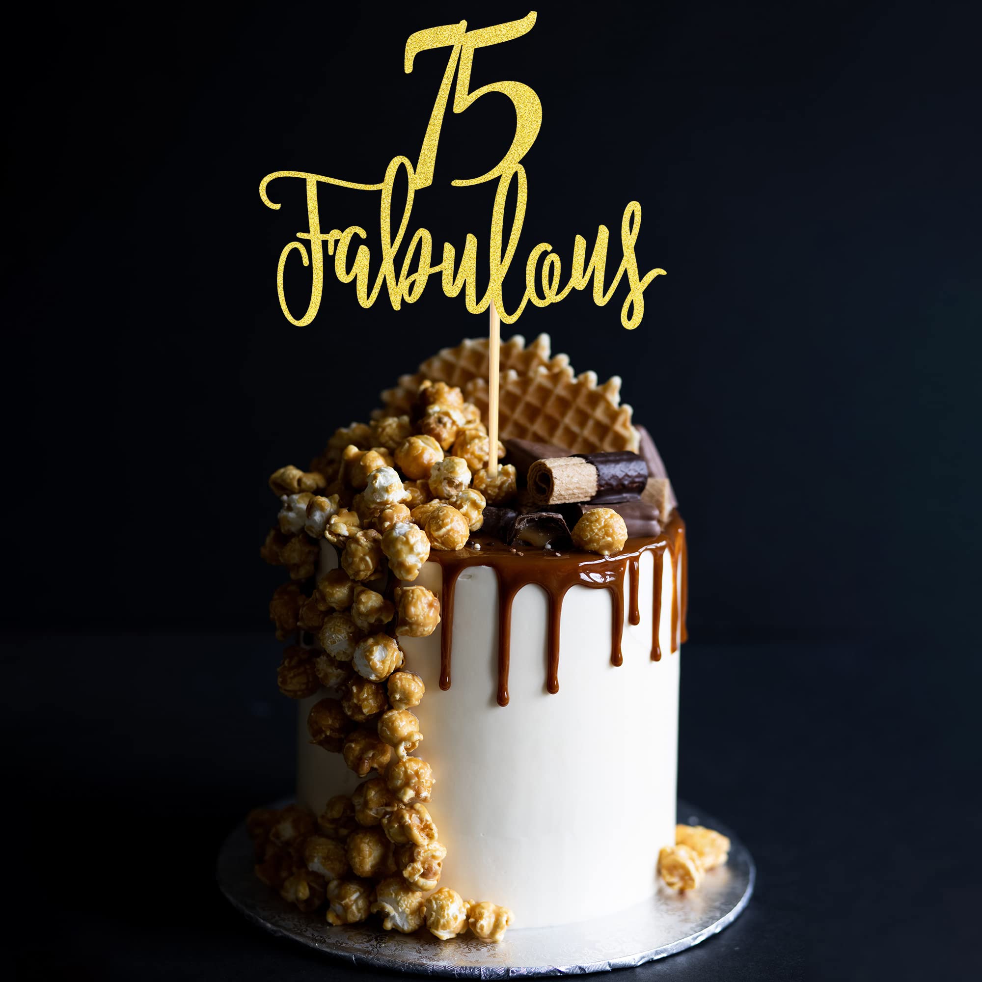 75 & Fabulous Cake Topper - Gold Glitter Happy 75th Birthday Cake Decoration for Anniversary Party Supplies | Perfect for Milestone Celebrations, Retirement Parties & Golden Jubilee Events