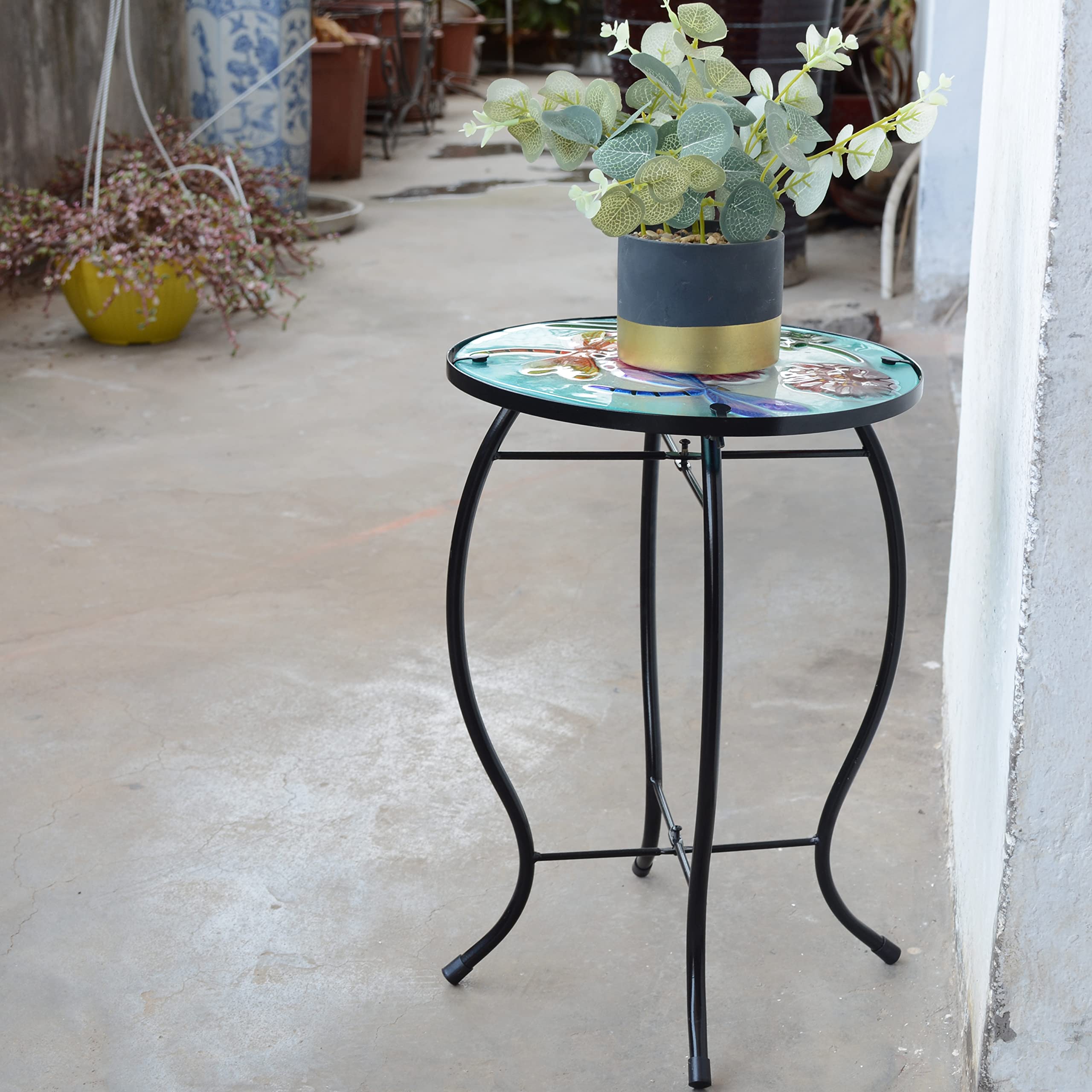 Dragonfly Patio Side Table - Small Outdoor End Table with Metal Frame & Glass Top for Porch, Garden, Yard, Pool - Perfect for Drinks, Plants & Decor