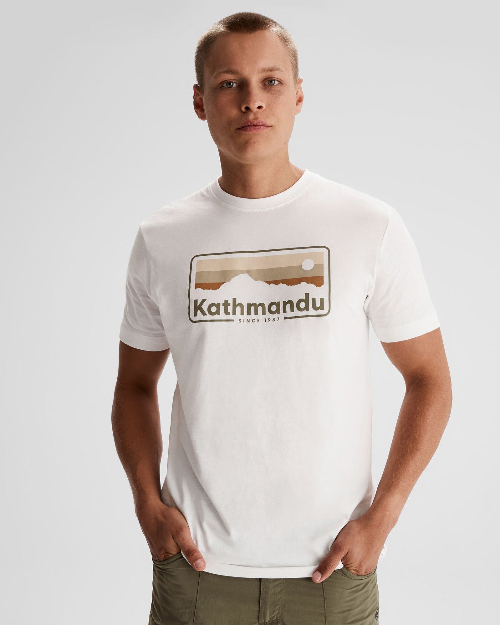 Men's Kathmandu Logo 70's Vintage Style Organic Cotton T-Shirt - White | Casual Wear, Street Style, Retro Fashion Outfit