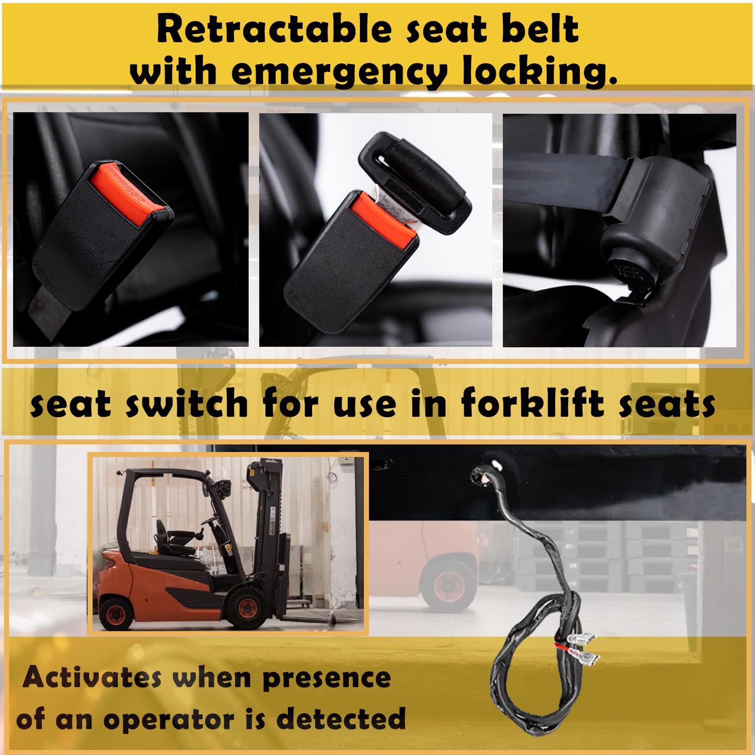 Universal Forklift Seat with Micro Switch, Armrest & Safety Belt - Heavy Duty Tractor Seat for Mower, Skid Loader, Telehandler, Backhoe, Excavator & Dozer - Ideal for Construction & Agricultural Equipment Comfort