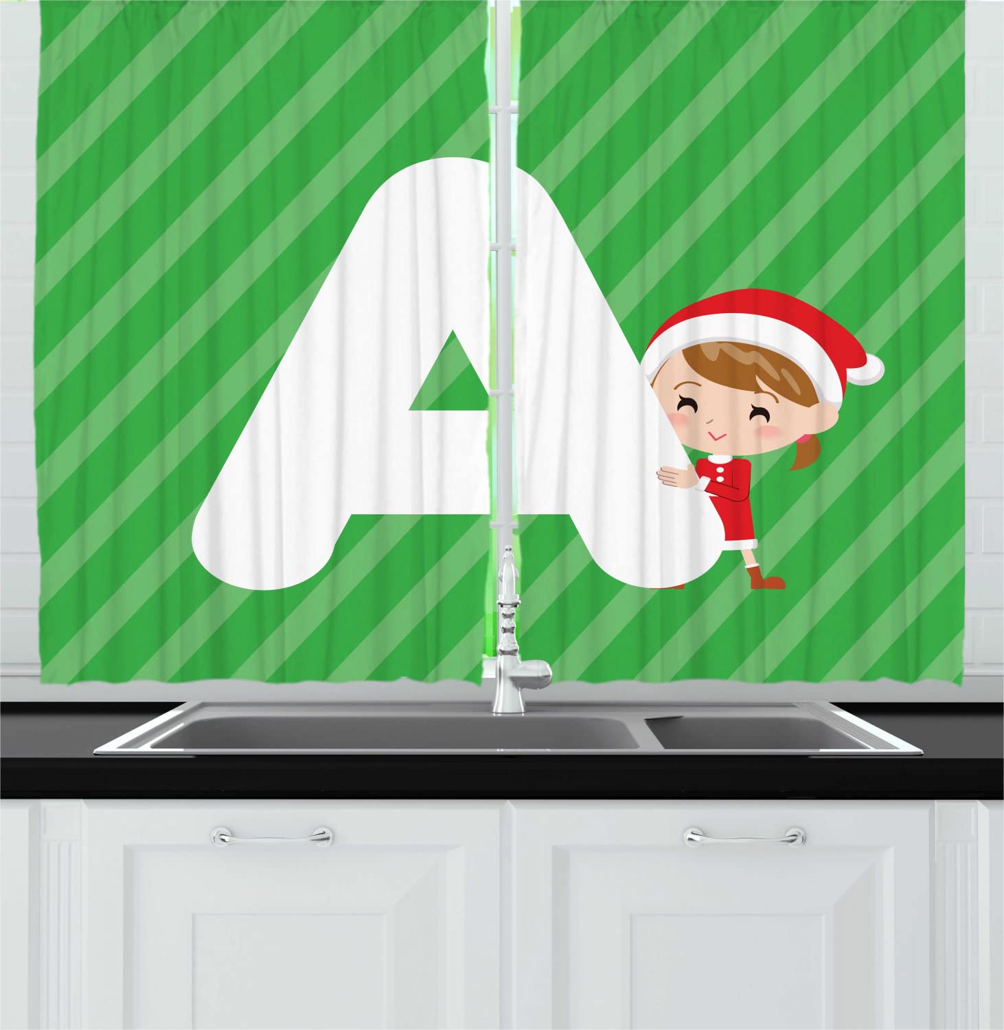 Ambesonne Christmas Alphabet Kitchen Curtains - Santa Girl Hugging Letter A Holiday Design, 2 Panel Rod Pocket Drapes 55