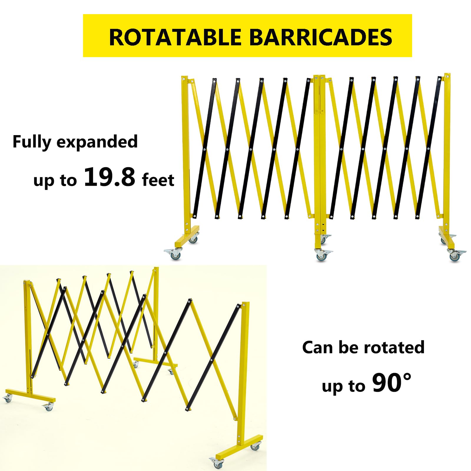 Garvee 19.8 FT Industrial Expandable Metal Barricade - Rotatable & Portable Safety Barrier with Warning Board & Casters | Retractable Traffic Fence Mobile Safety Barrier Gate (Yellow & Black) | Ideal for Construction Sites, Crowd Control & Event Safety