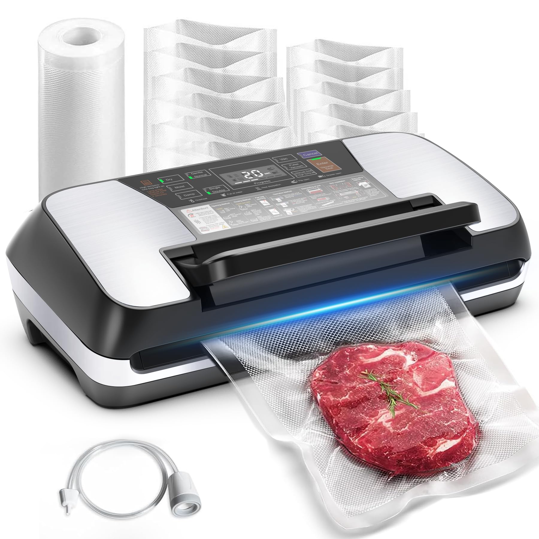 12-in-1 Food Vacuum Sealer Machine with Easy Lock Handle & Built-in Cutter | Double Heat Seal Technology | Includes 1 Roll & 10 Pre-cut Bags | Perfect for Meal Prep, Sous Vide, Food Storage & Freezing