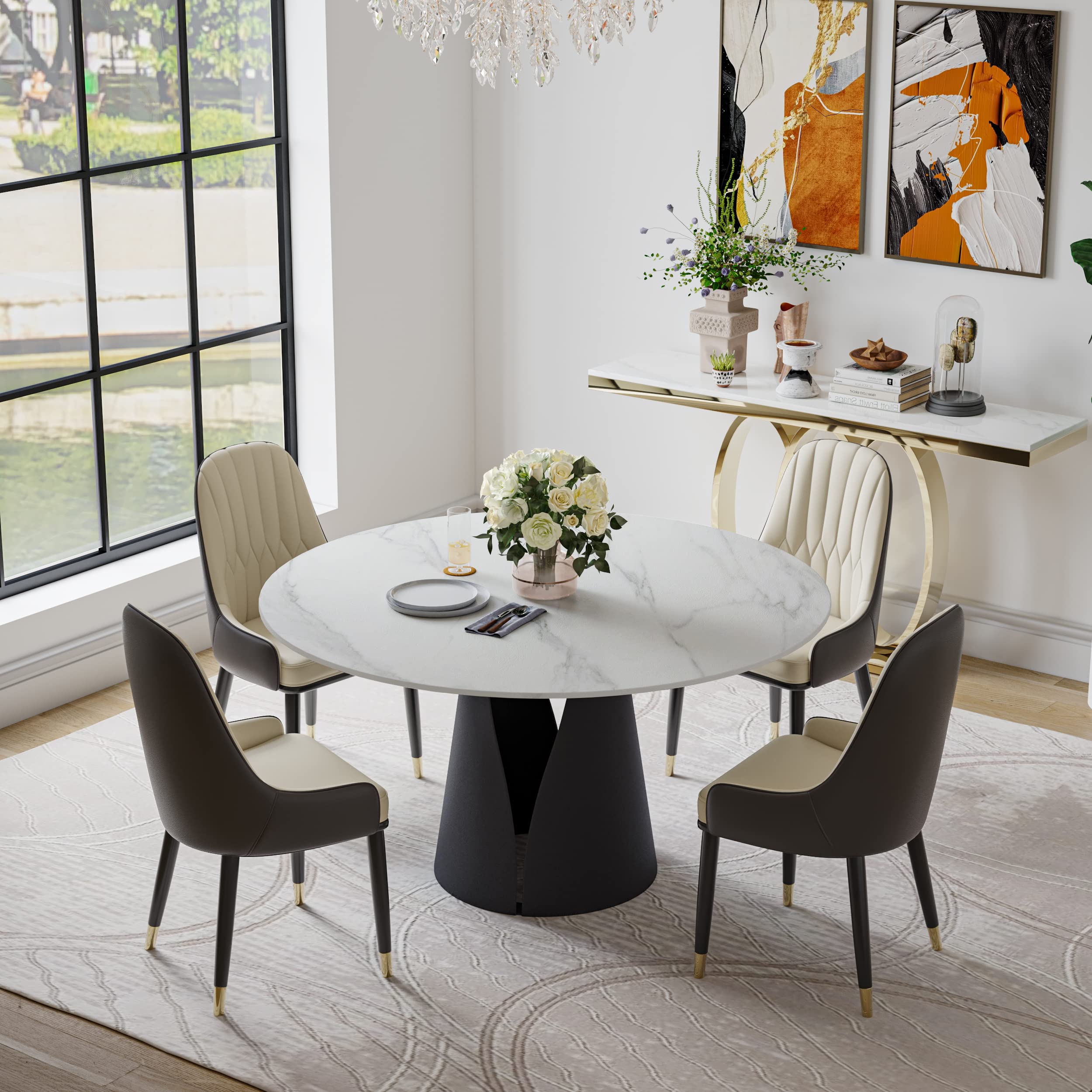 **POVISON 5-Piece Modern Round Dining Table Set - 47