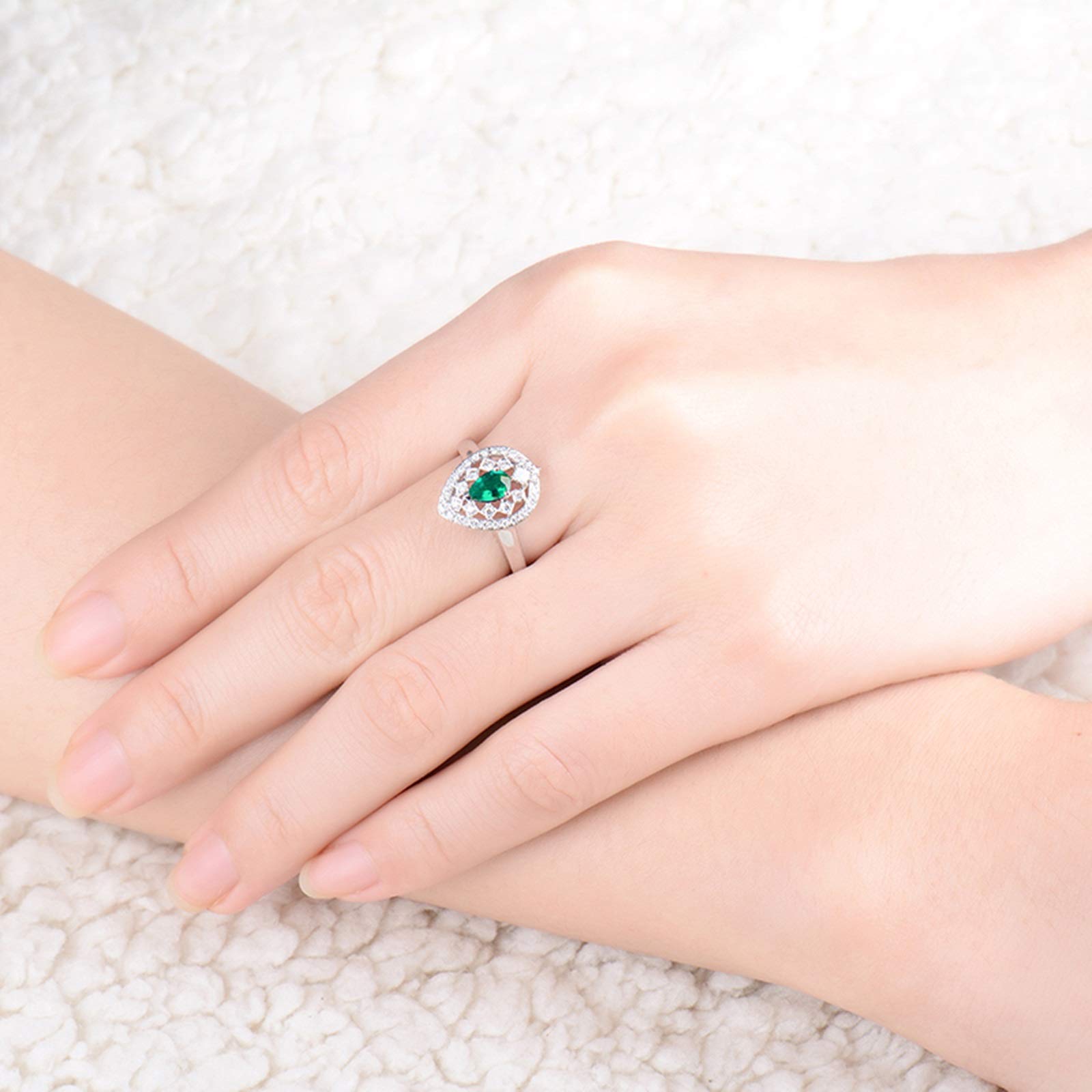18K White Gold Pear Emerald Ring for Women - 0.4CT 3 Prong Hollow Anniversary Band | Elegant Birthday & Valentine's Day Gift for Her | Perfect for Weddings, Engagements & Special Occasions