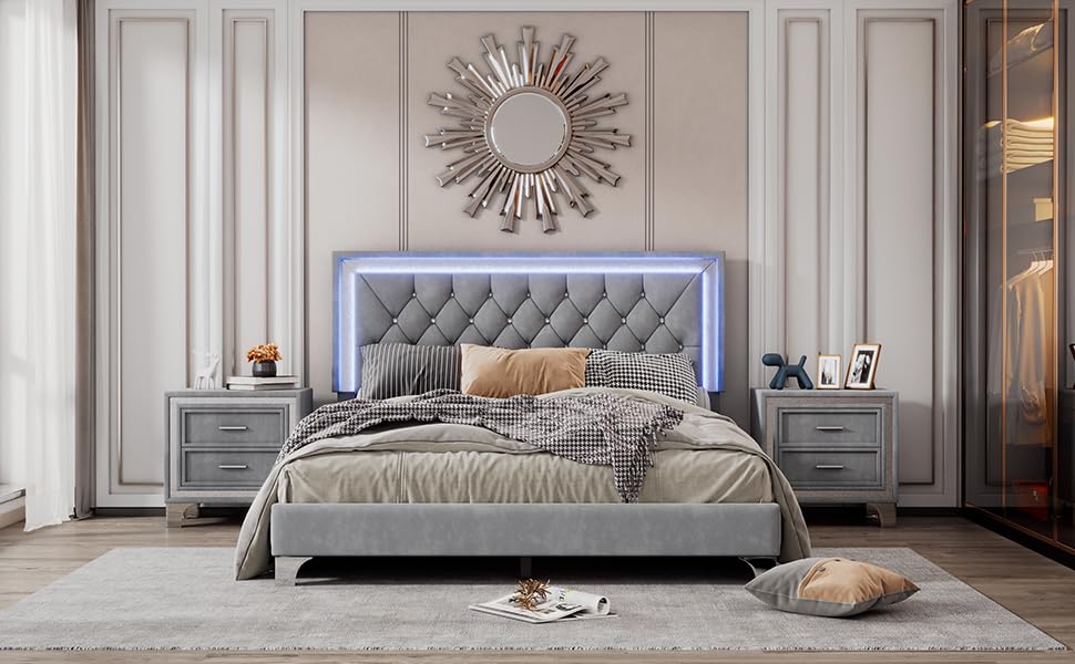 Harper & Bright Designs 3-Piece Queen Bedroom Set with LED Lights - Modern Upholstered Platform Bed & 2 Nightstands, Gray - Perfect for Contemporary Bedrooms, Guest Rooms & Small Spaces